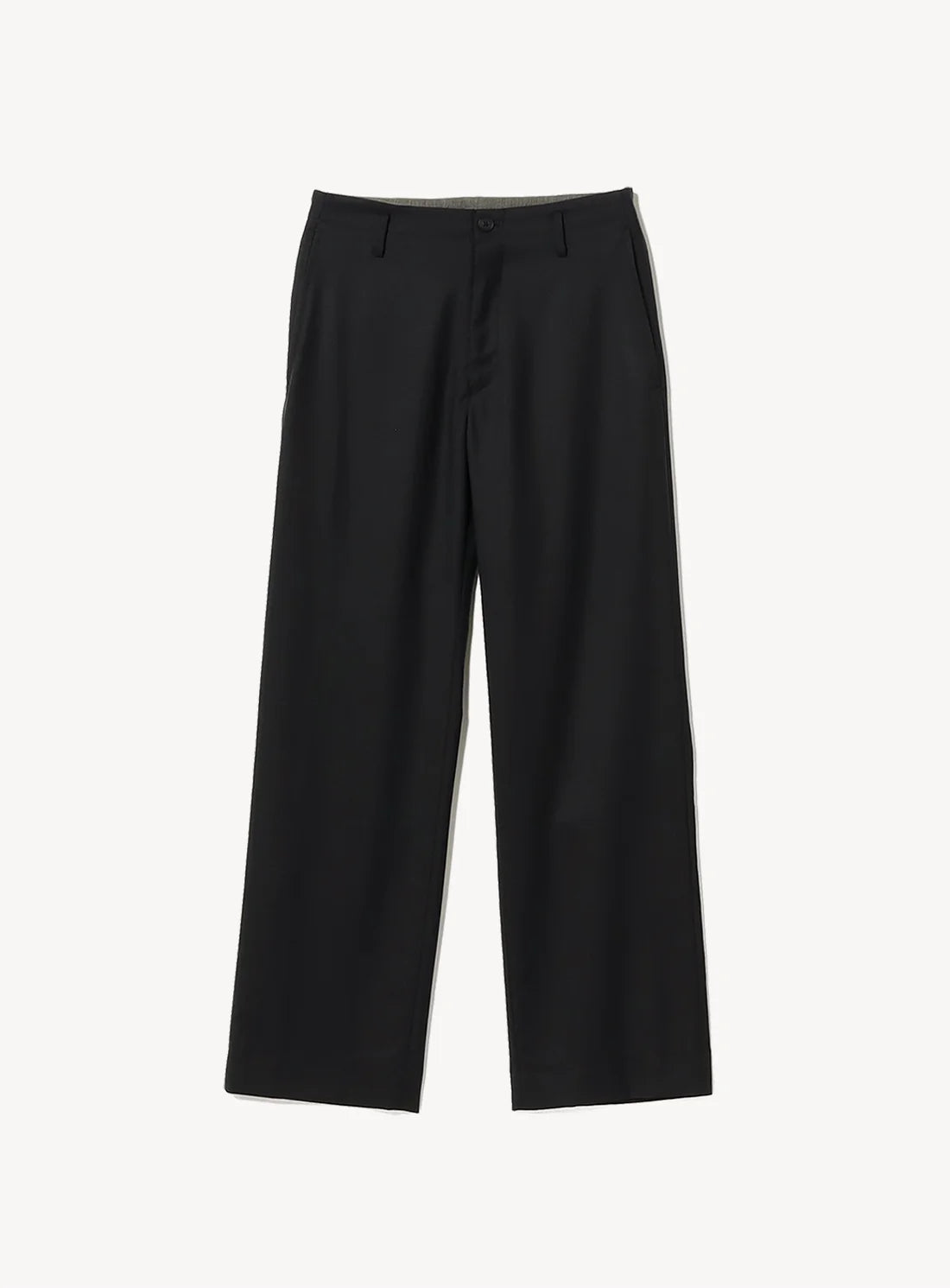 Black wide-leg trousers with a button fly closure.