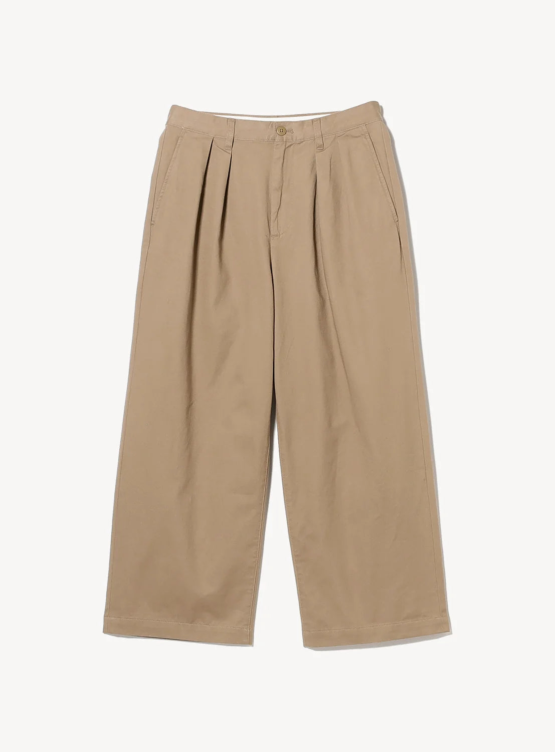 Wide-leg, high-waisted khaki trousers with front pleats and side pockets, laid flat on a white background.