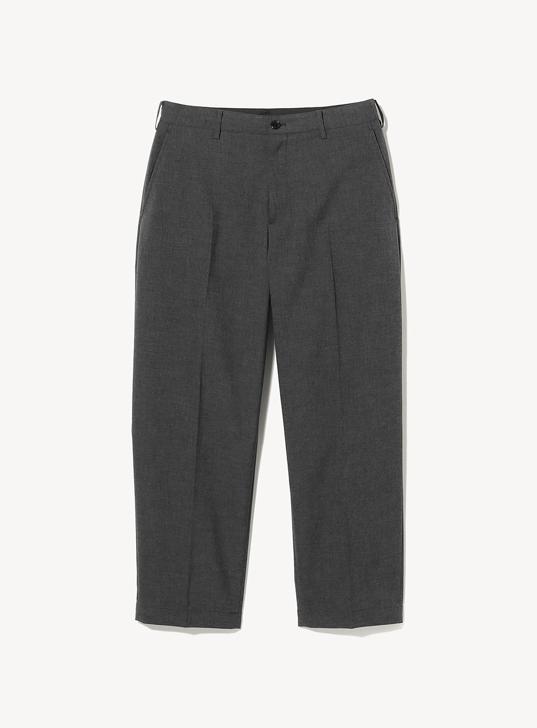 Charcoal grey Easy-Wear Relaxed Fit Wide Slacks by BEAMS in a polyester-wool blend, featuring a button closure and front pleats.