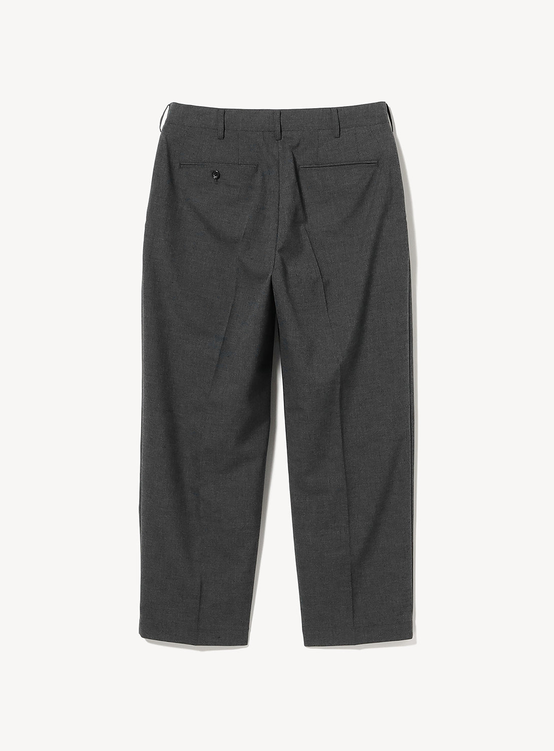 Back view of dark gray Easy-Wear Relaxed Fit Wide Slacks in a relaxed-fit, wide-leg cut featuring a buttoned back pocket.