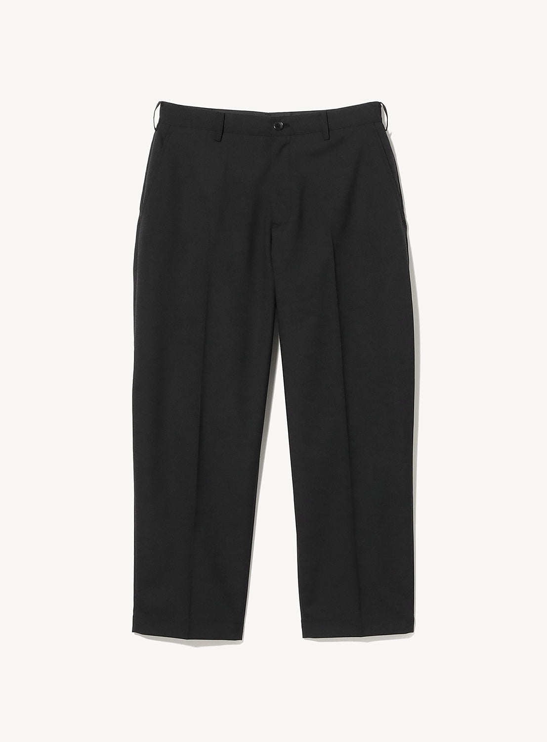 BEAMS Easy-Wear Relaxed Fit Wide Slacks in black, featuring a wrinkle-resistant fabric, relaxed fit, button closure, and belt loops.