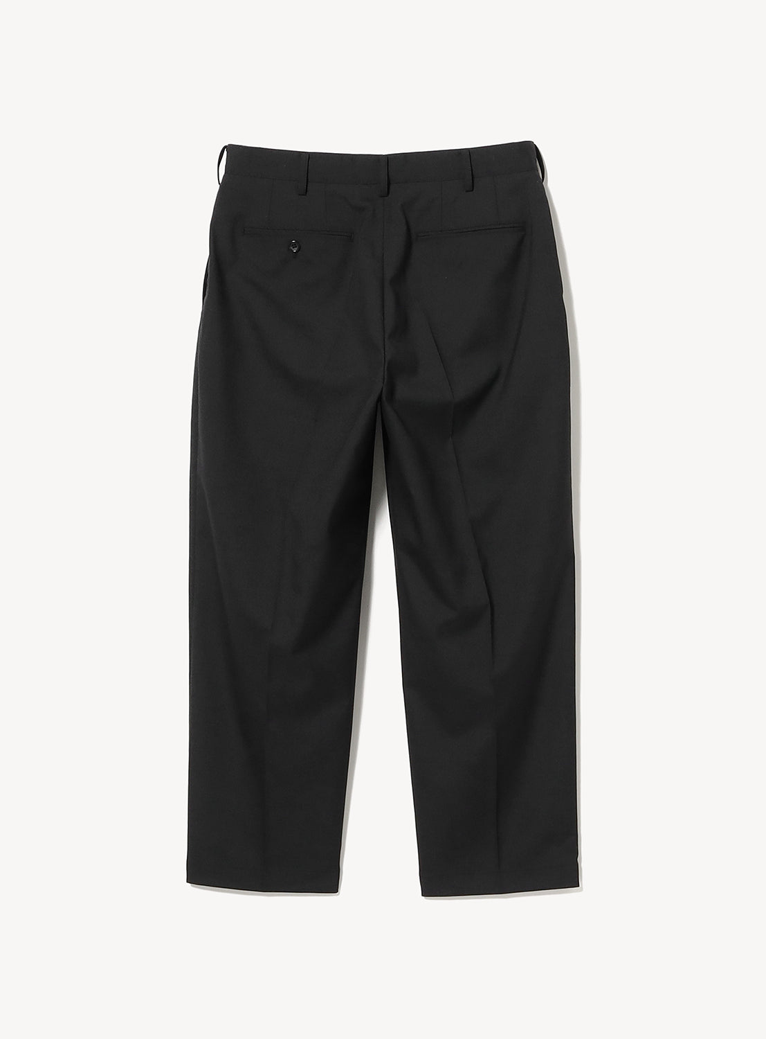 Back view of black BEAMS Easy-Wear Relaxed Fit Wide Slacks featuring a relaxed wide-leg fit, two back pockets, and a button closure.