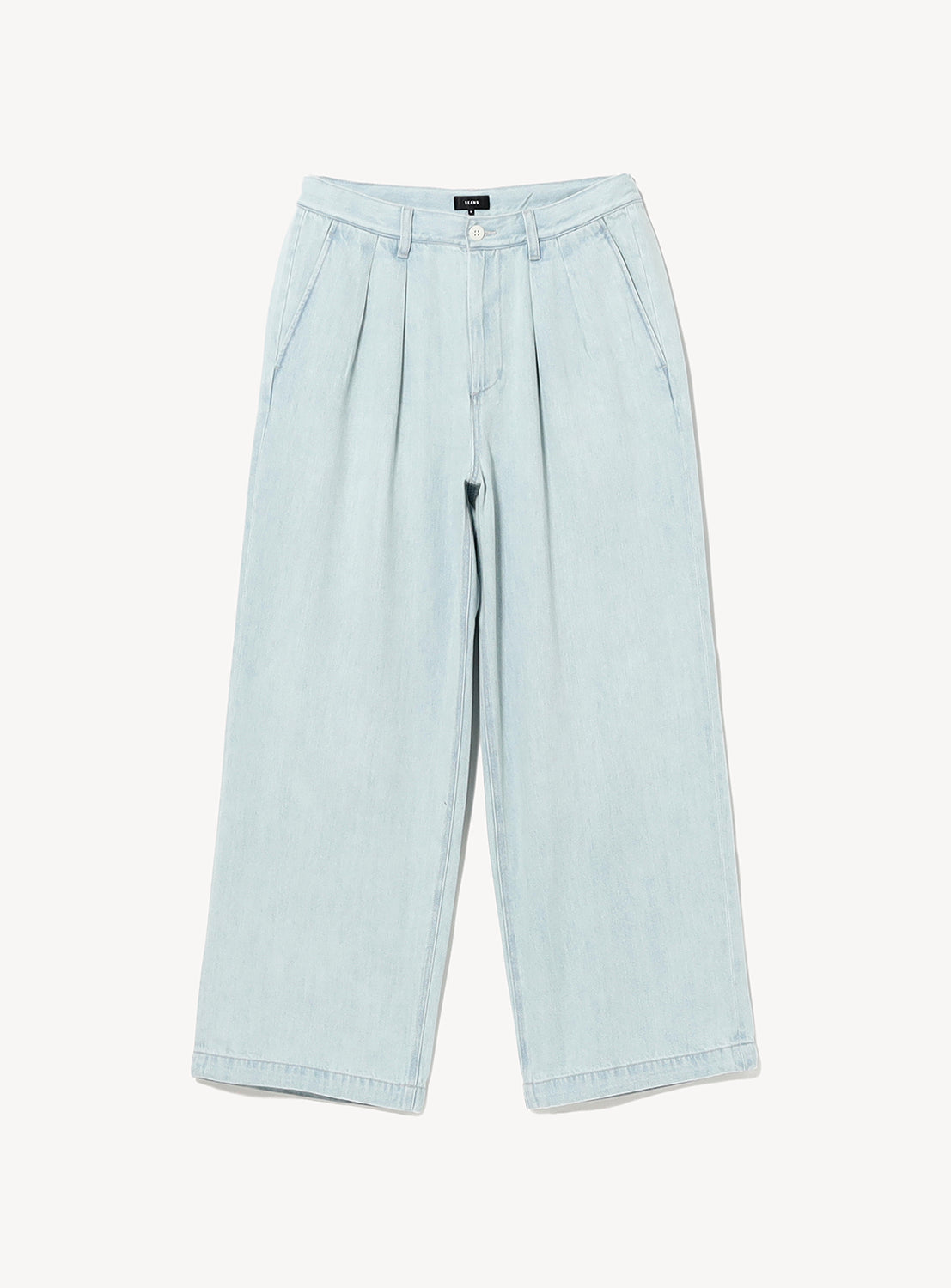 BEAMS Wide Denim Slacks in light blue, featuring a wide-leg cut with a pleated, adjustable waist and a button fly.