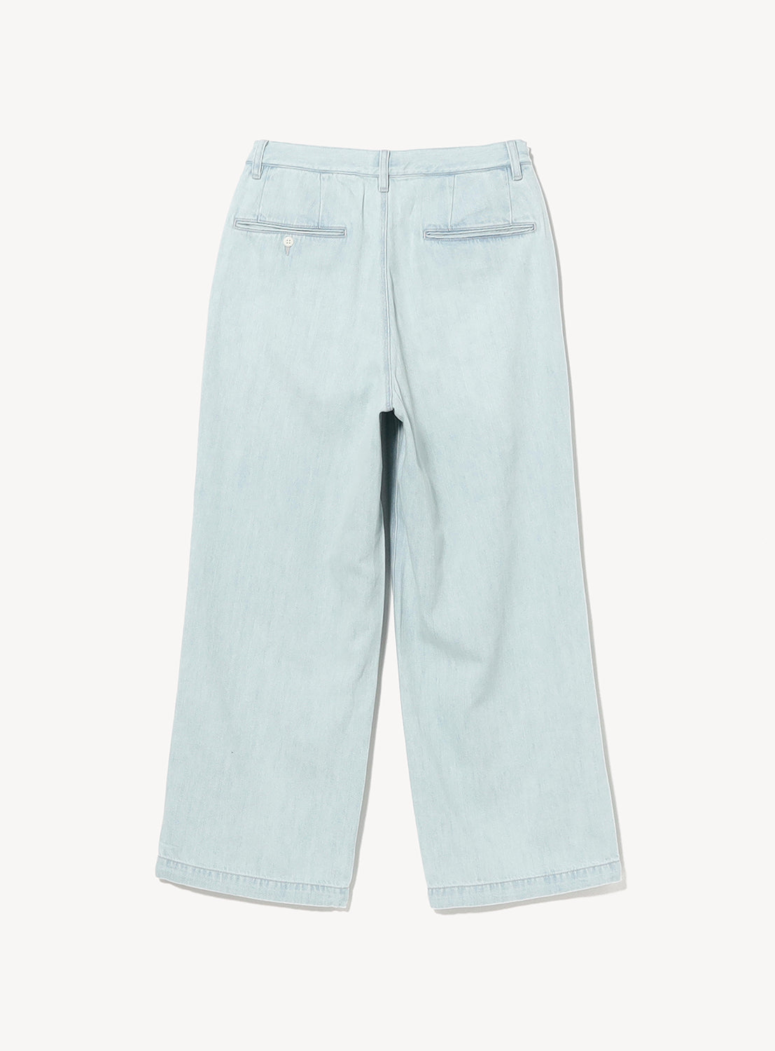 Back view of BEAMS Wide Denim Slacks in light-wash, featuring a wide-leg cut, an adjustable waist, and two back welt pockets.