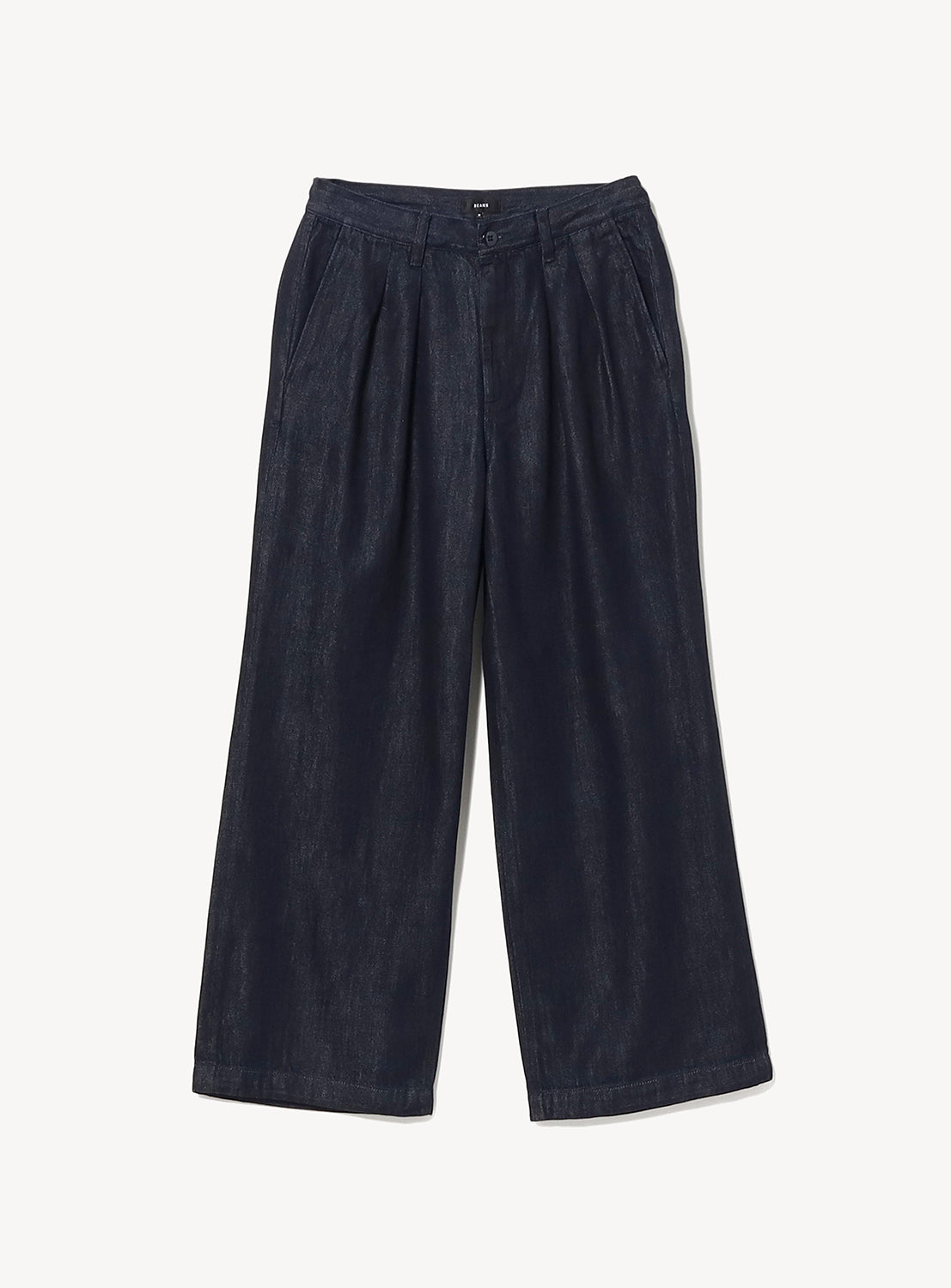 BEAMS Wide Denim Slacks in dark blue, featuring a wide-leg cut with a pleated front and an adjustable waist.