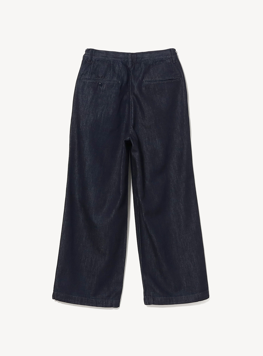 Back view of dark denim Wide Denim Slacks with two back welt pockets and an adjustable waist.