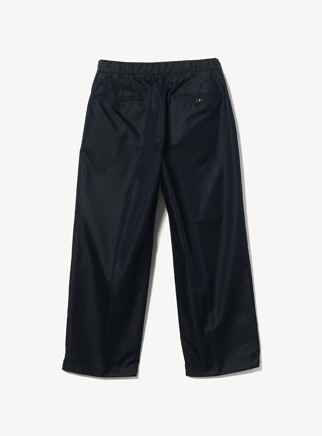 Back view of wide straight dark blue BEAMS Chambray Chino Pants featuring two buttoned welt pockets.