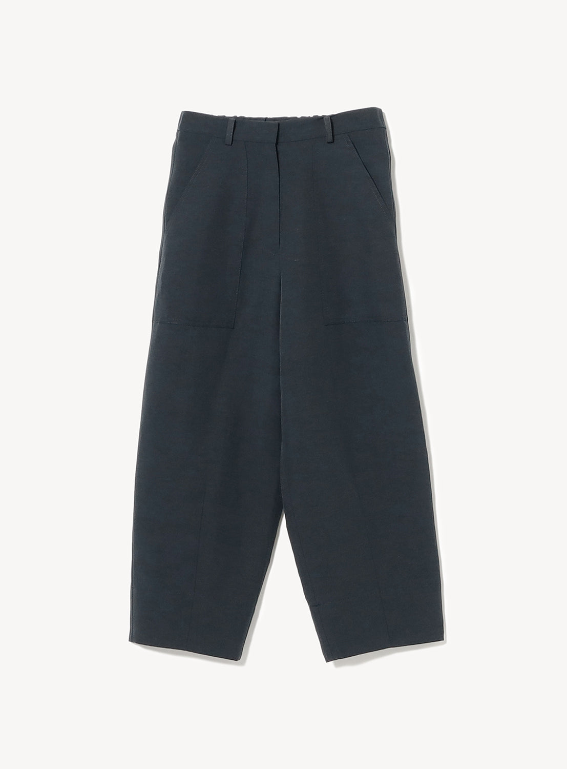 Navy blue cropped barrel pants with a wide leg and elastic waistband.