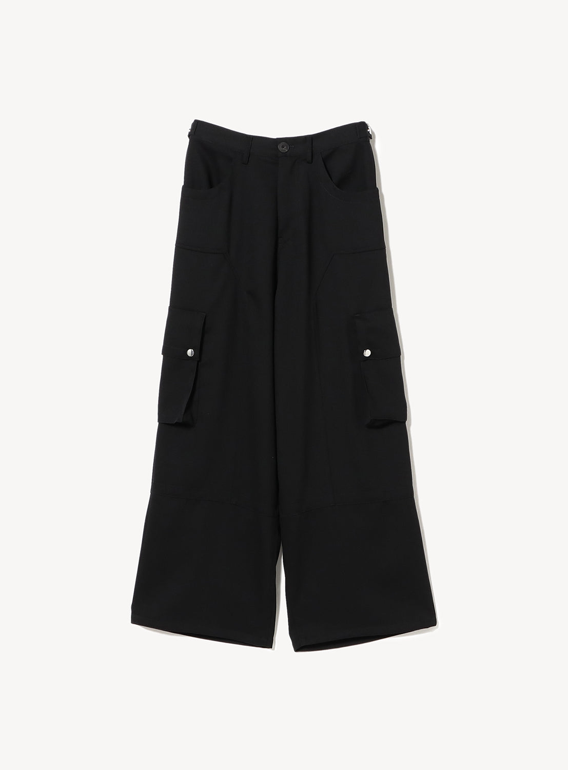 Black wide-leg cargo pants flat lay, showcasing large side pockets and relaxed fit.