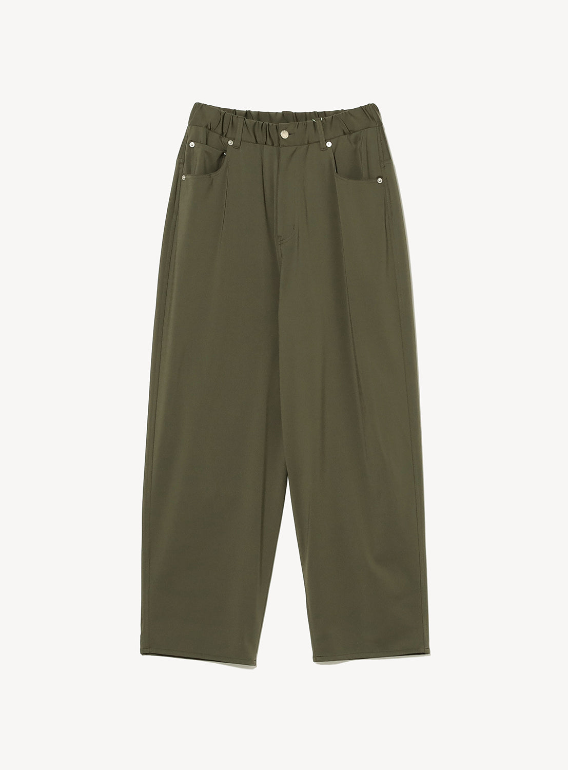 TTT MSW 5-Pocket Jersey Pants in olive green, featuring a wide-leg silhouette, elastic waistband, two front pockets as part of the classic 5-pocket design, and silver rivet accents, shown against a plain white background.