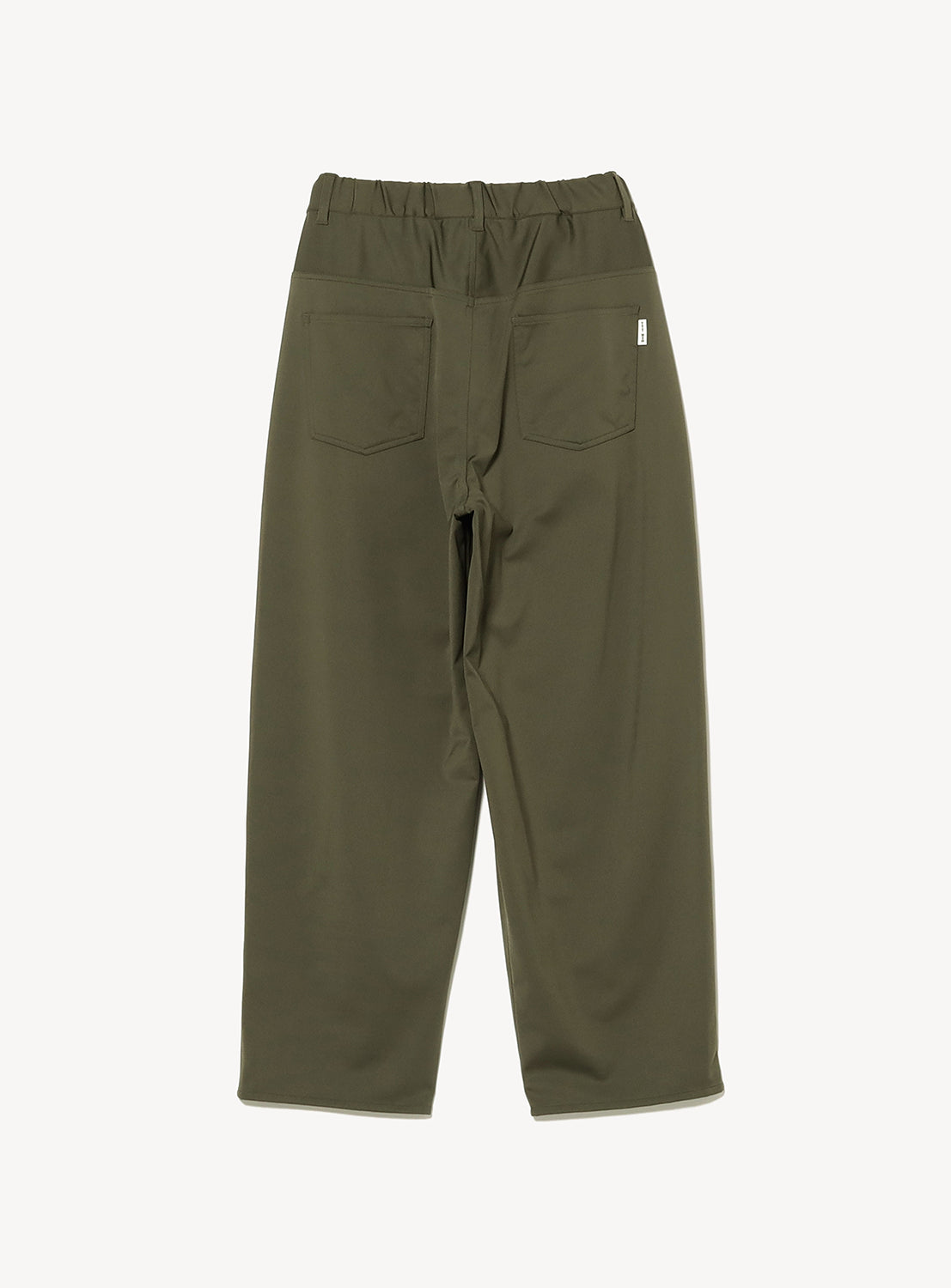 The TTT MSW 5-Pocket Jersey Pants in olive green feature a stretch knit construction with an elastic waistband, straight legs, two back pockets, and a classic 5-pocket design, shown flat against a white background.
