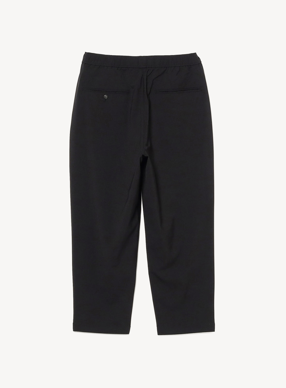 BEAMS Quick-Dry 2-Pleat Wide Tapered Easy Pants in black, made from moisture-wicking polyester. Features an elastic waistband, two back pockets, and a relaxed fit with no visible branding, shown flat on a white background.