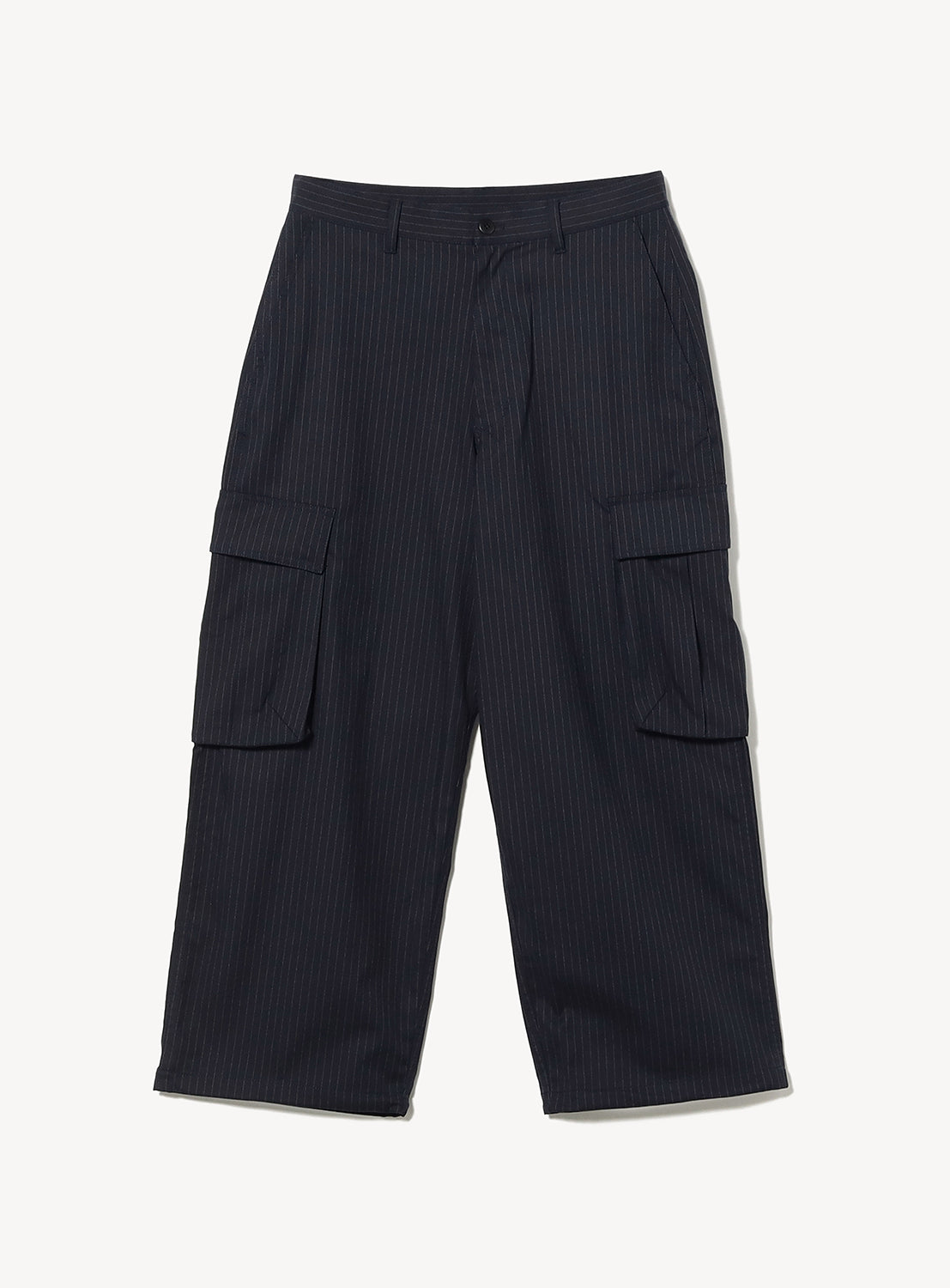 BEAMS Pattern 6-Pocket Pants in dark navy with a relaxed fit, pinstripes, side flap pockets, and adjustable hems.