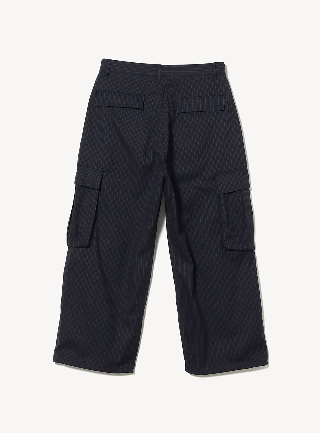 BEAMS Pattern 6-Pocket Pants in a relaxed fit with dark pinstripes, two back pockets, two side cargo pockets, and adjustable hems.