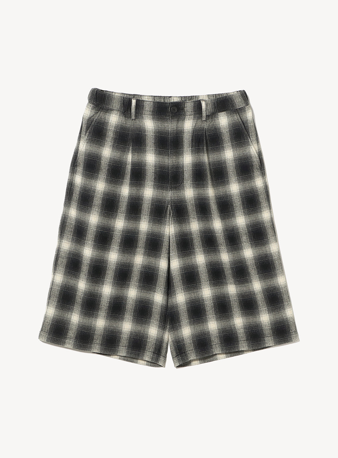 BEAMS Check Shorts in a relaxed fit with pleats and a black and white ombre check pattern.