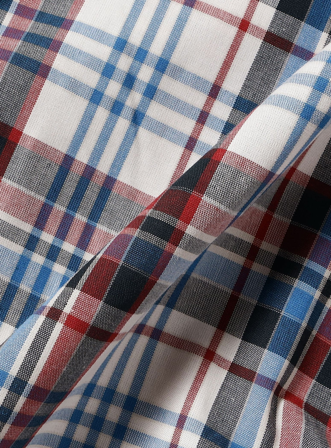 Close-up of a white BEAMS Check Hooded Shirt featuring a blue, red, and black check pattern.