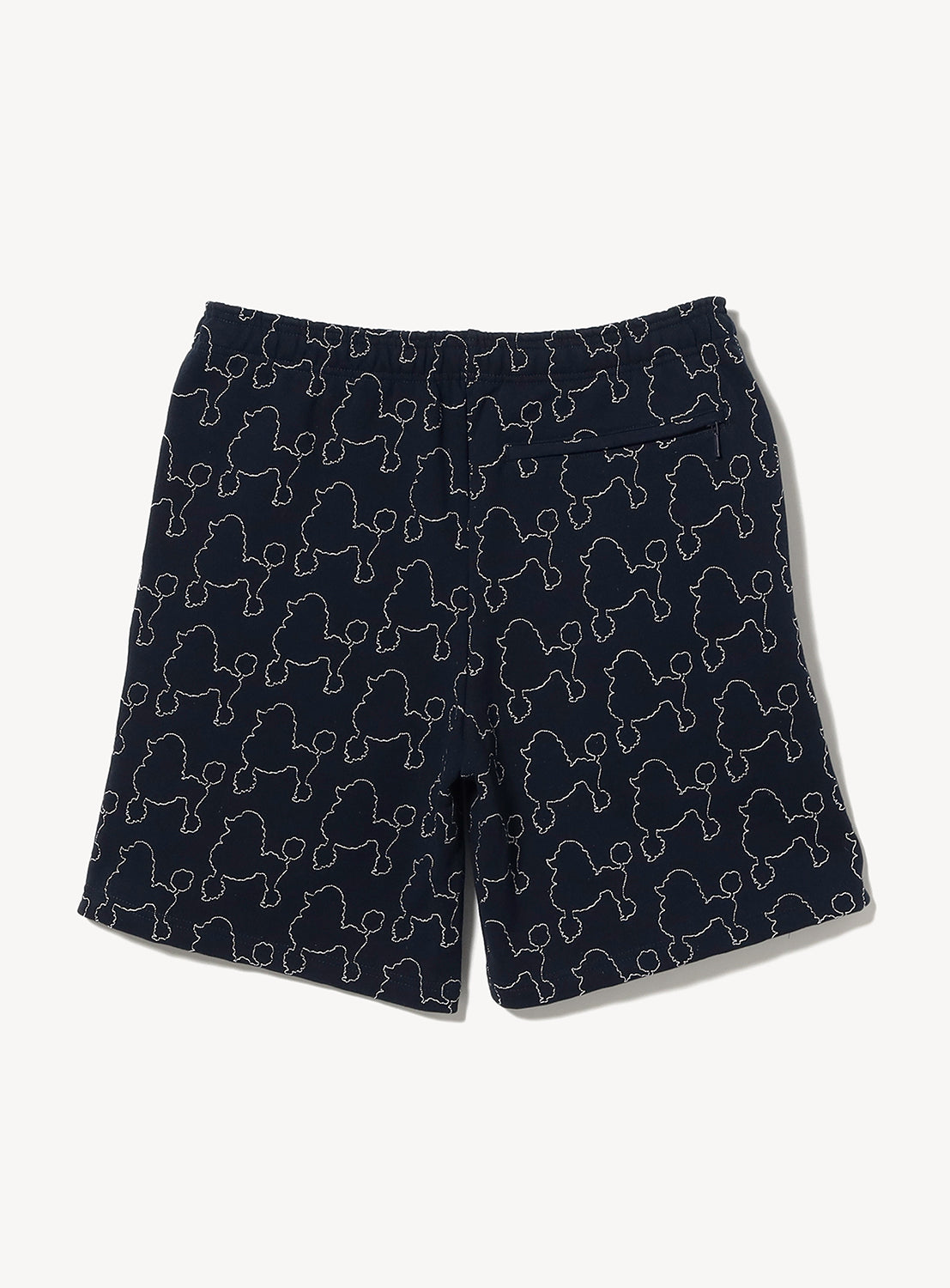 Introducing the Dog Embroidery Half Pants by TTT MSW: these navy blue shorts feature an elastic waistband and a cheerful outline pattern of cartoon poodles holding balloons. Designed for comfort, the fleece-lined material is complemented by a single right-side back pocket, blending whimsical style with everyday functionality.