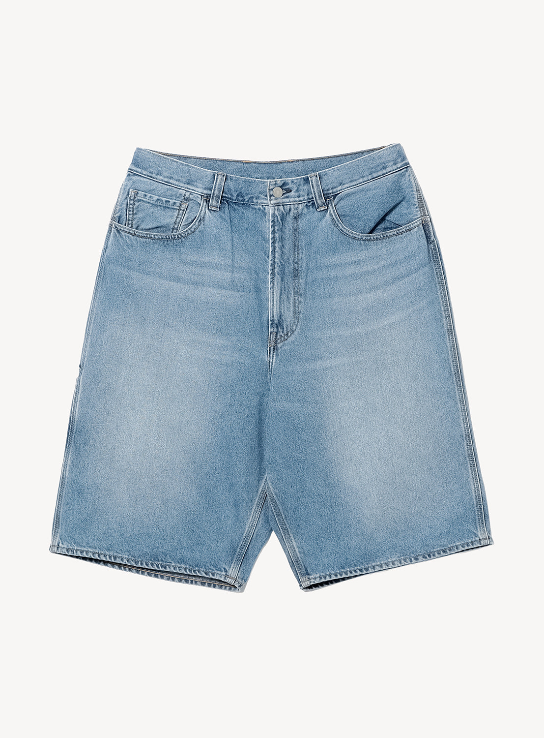 The BEAMS T Tyrrell Winston Denim Shorts, inspired by painter pants, feature a light blue wash, classic five-pocket design, button closure, and belt loops, displayed flat on a white background.