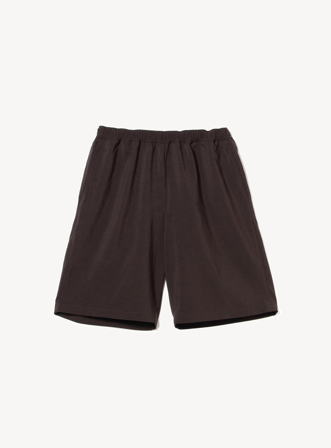 Dark brown elastic-waist shorts flat lay, showcasing a relaxed fit and simple design.