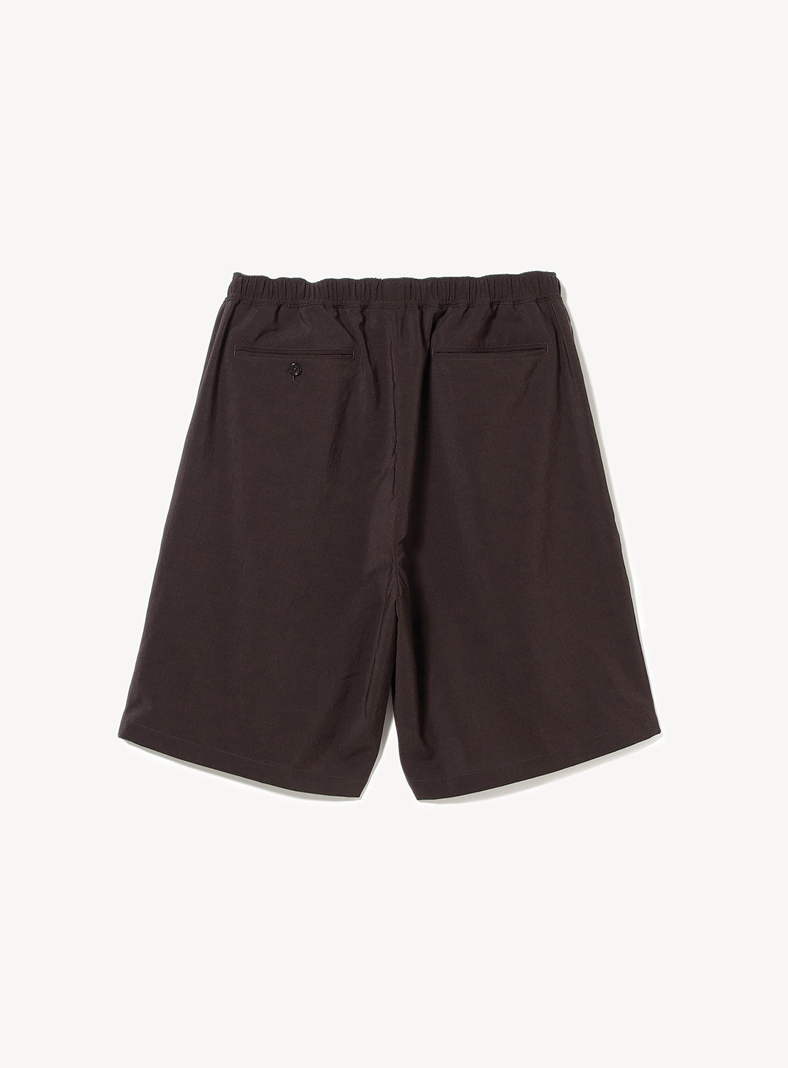 Top-down view of dark brown elastic-waist shorts, highlighting the comfortable waistband and straight leg.
