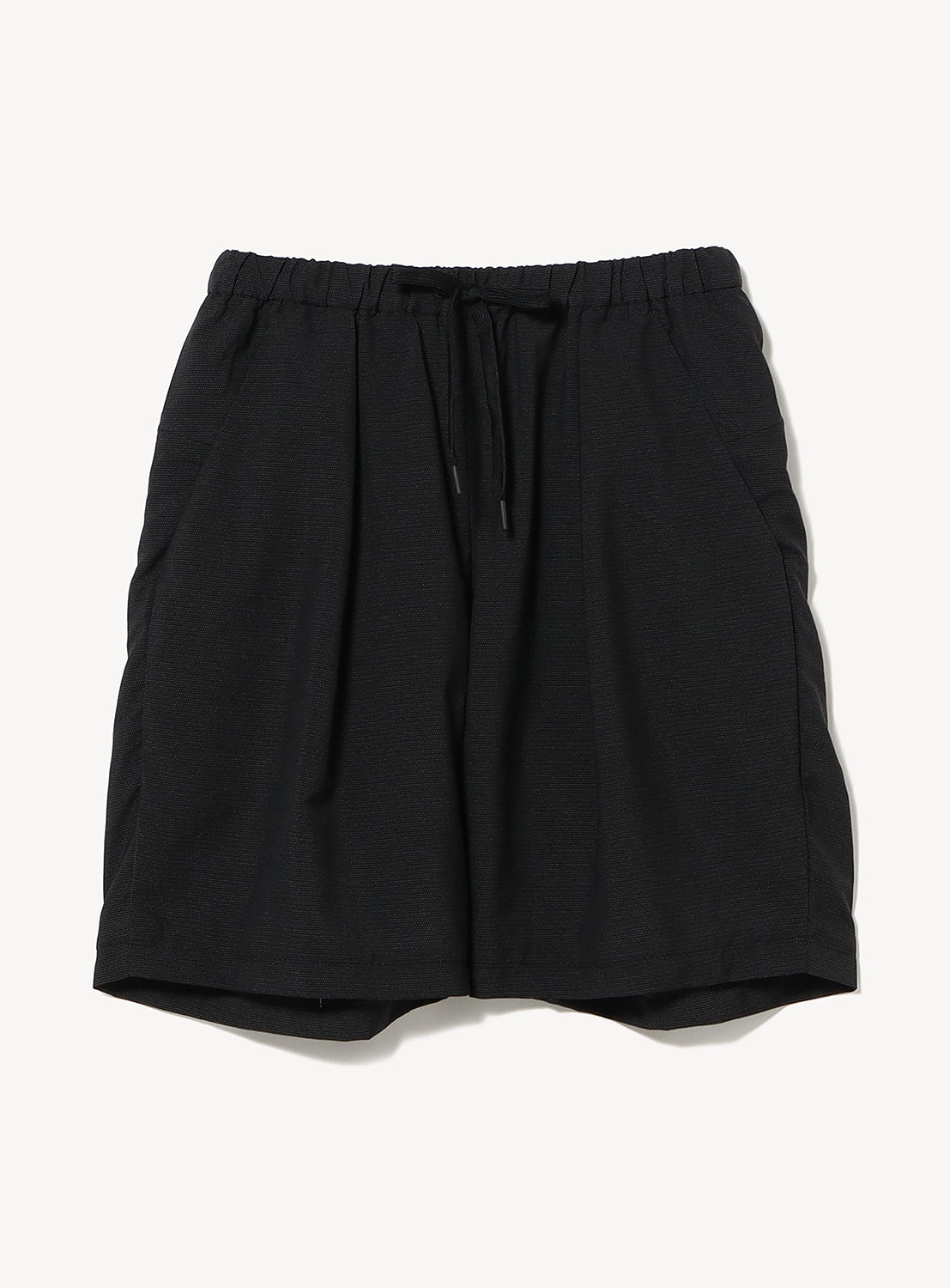 Wallet Shorts Resort by TEATORA, crafted from durable GEOGRAM textile, feature a black hue, elastic waistband with drawstring, side pockets, a relaxed fit, and a signature Security Cargo Pocket inspired by classic TEATORA shorts. Displayed against a white background.