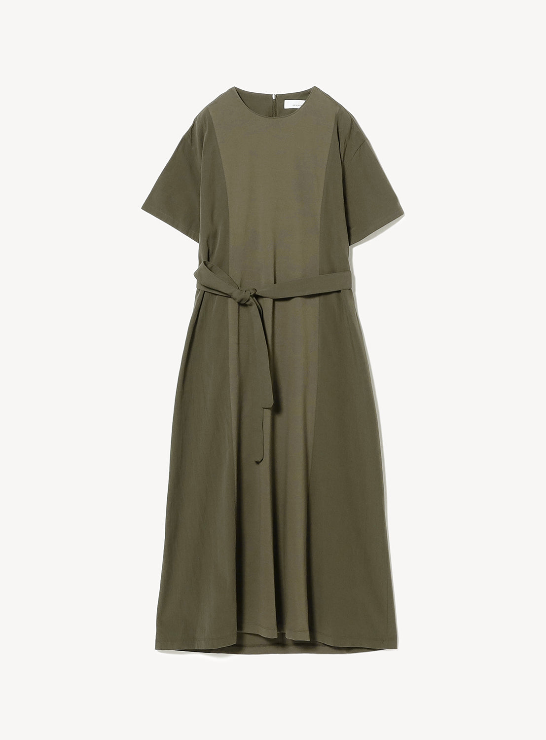 A khaki midi dress with short sleeves, a round neckline, and a self-tie belt at the waist, laid flat.