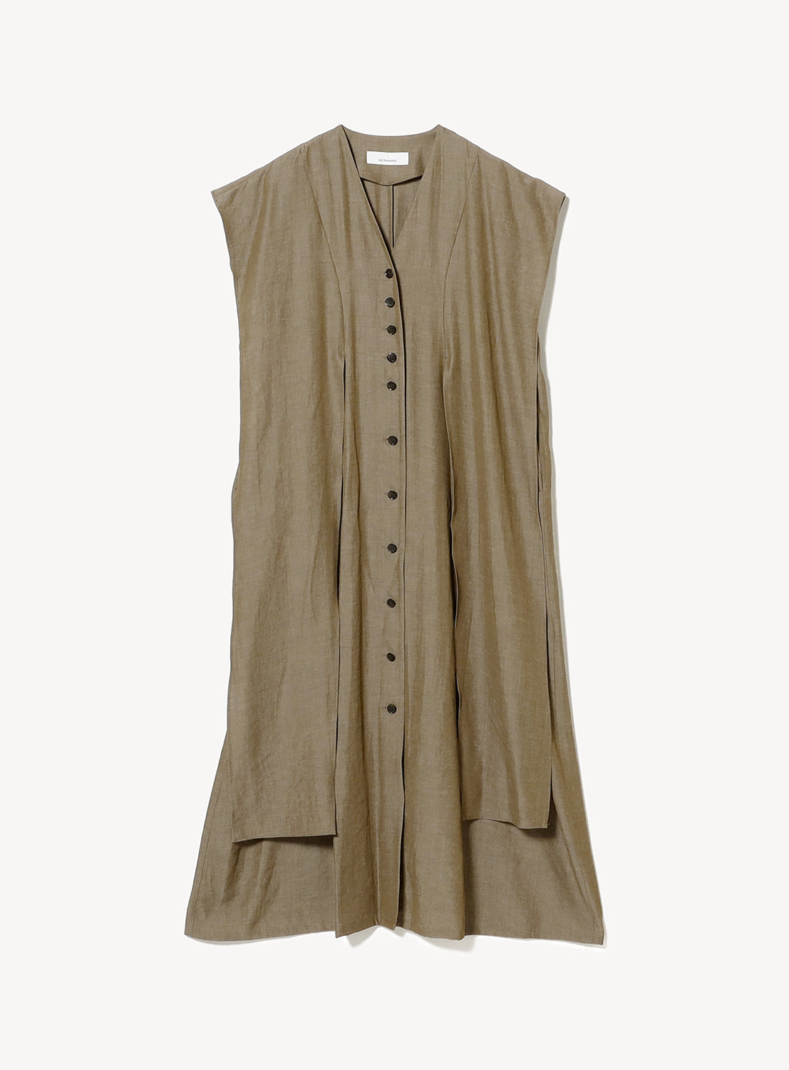 A long, sleeveless, khaki dress with a V-neckline and a full-length front button placket, laid flat.