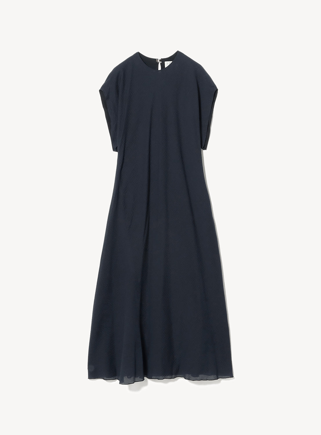 A full-length navy blue dress with a simple, flowing silhouette and short cap sleeves, laid flat.