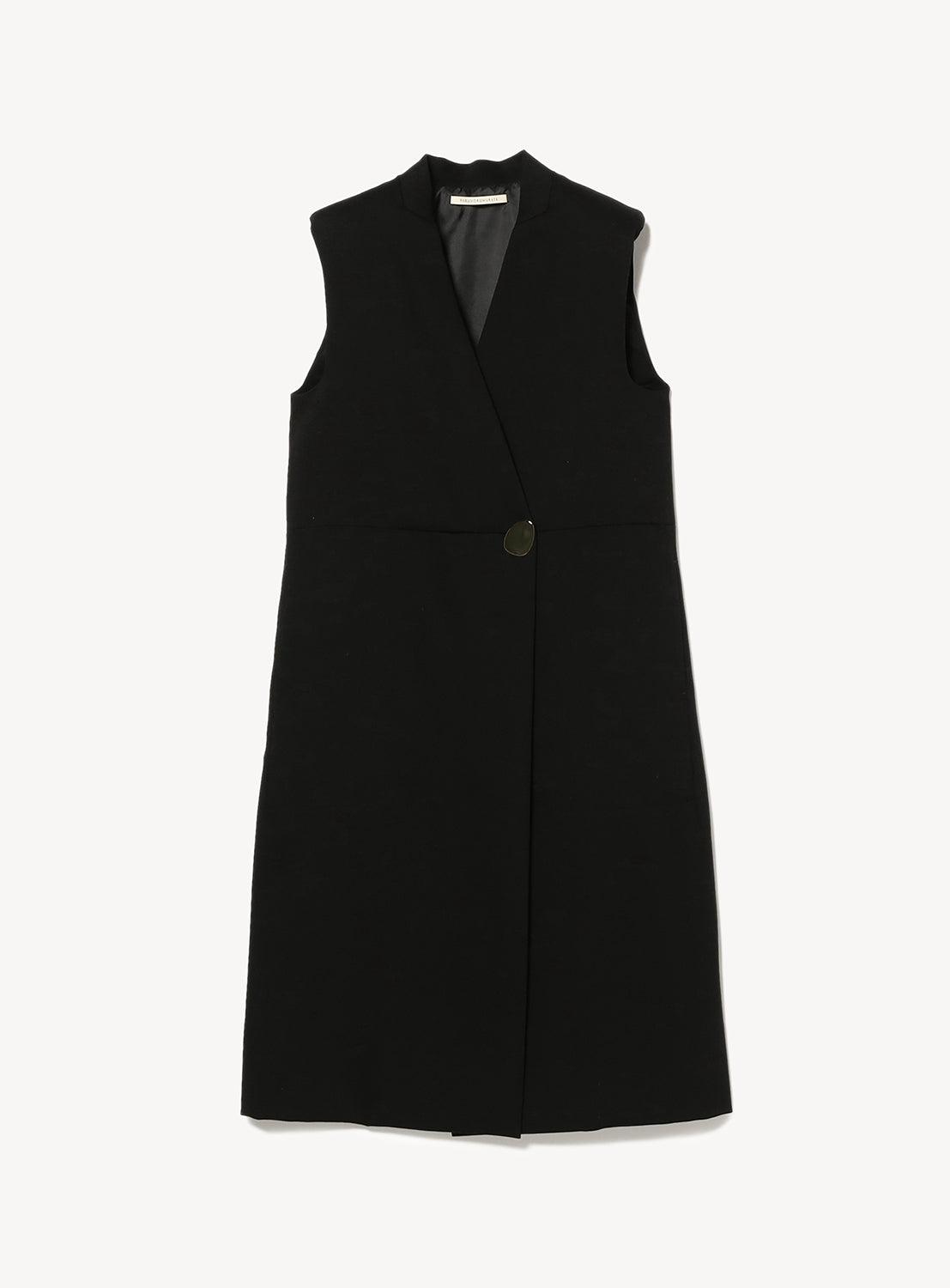 Black sleeveless gilet with a longline cut, V-neck and a single polished button.