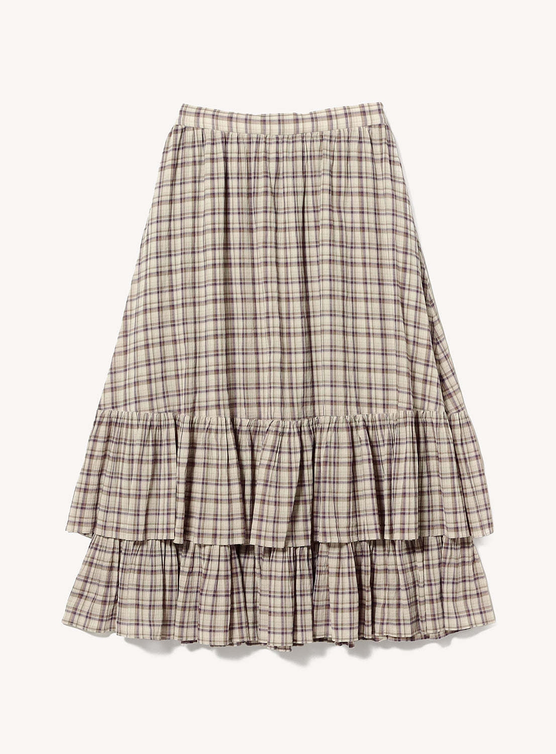 The BEAMS BOY Check Tiered Skirt is crafted from lightweight fabric in a beige and brown check pattern, featuring an elastic waistband and two tiers of ruffles at the bottom. The skirt is displayed against a plain white background.