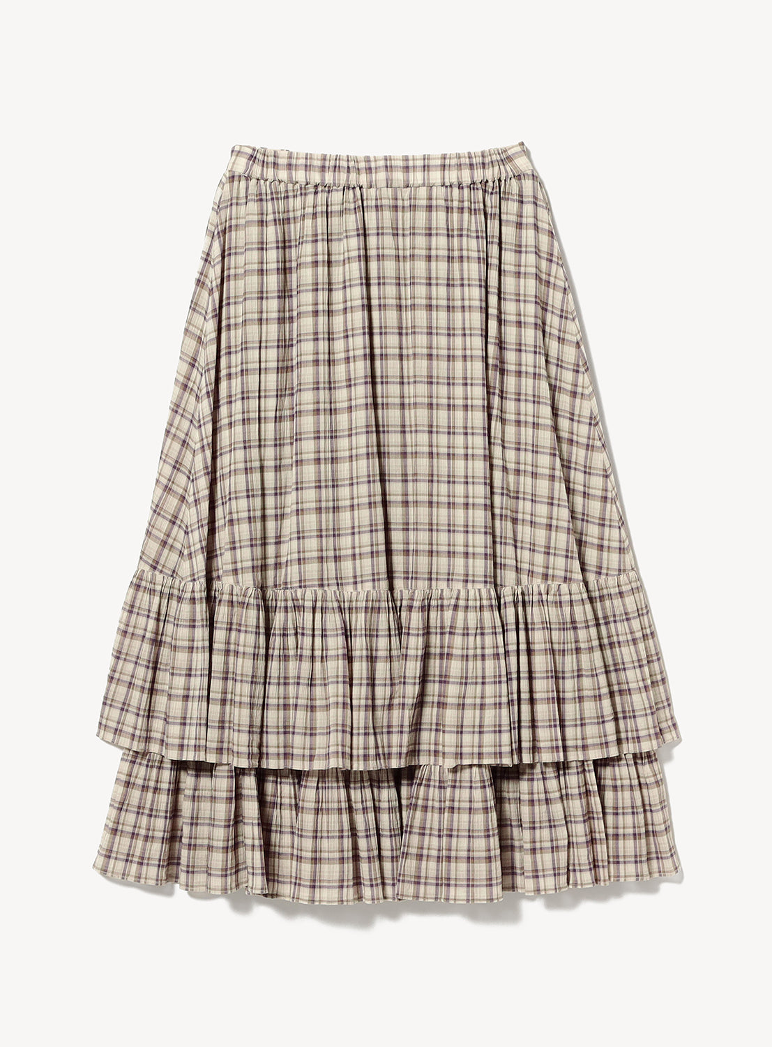 Introducing the BEAMS BOY Check Tiered Skirt: a knee-length skirt crafted from lightweight fabric with a distinctive beige, purple, and yellow check pattern. Designed with an elastic waistband for comfort, it features two ruffled tiers near the hem for added flair.