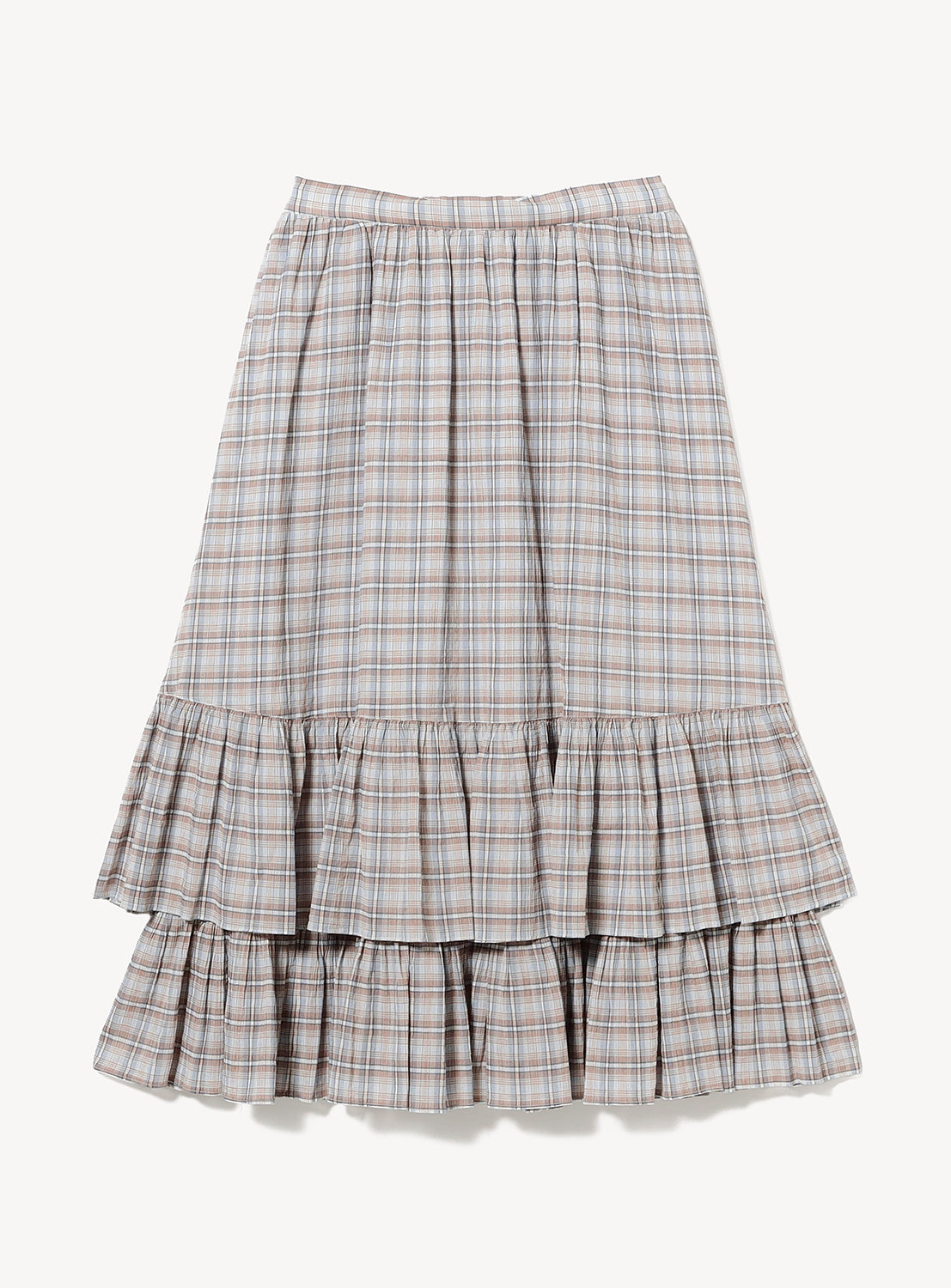 The BEAMS BOY Check Tiered Skirt is a knee-length piece made from lightweight fabric, showcasing the brand's signature check pattern in beige, blue, and brown hues. It features an elastic waistband and two ruffled tiers at the hem for easy, stylish wear.