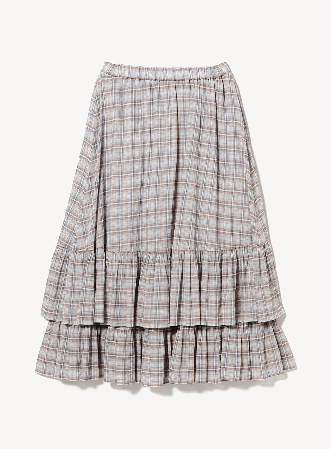 The BEAMS BOY Check Tiered Skirt is a knee-length piece made from lightweight fabric, featuring an elastic waistband and a light gray, blue, and tan check pattern. This skirt showcases a ruffled, layered design and is displayed flat on a white background.