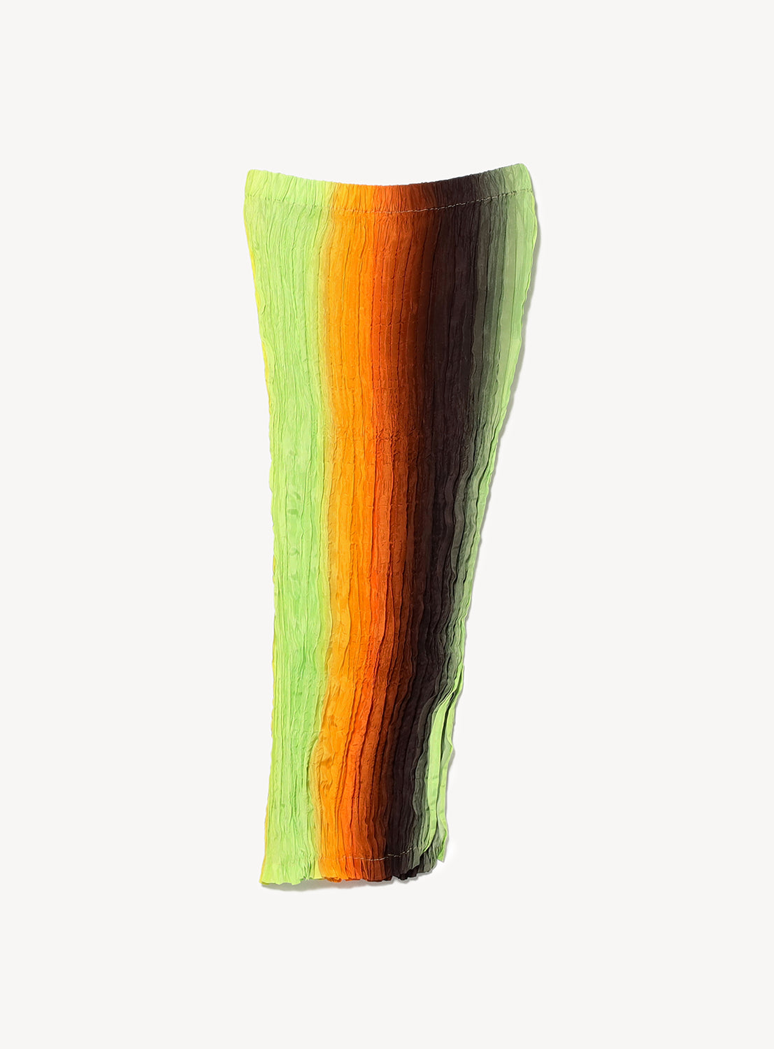 A full, knit midi-length skirt with vertical stripes in lime green, orange, and black, laid flat.