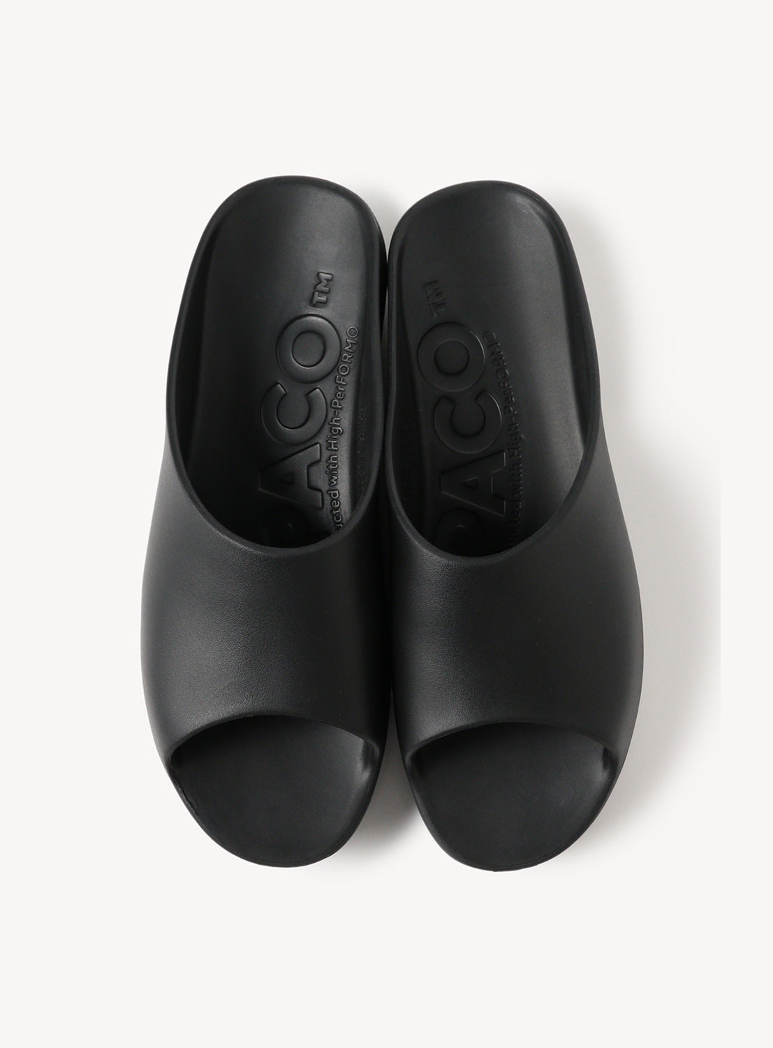 Top-down view of a pair of black slides, showcasing the footbed and full shape.