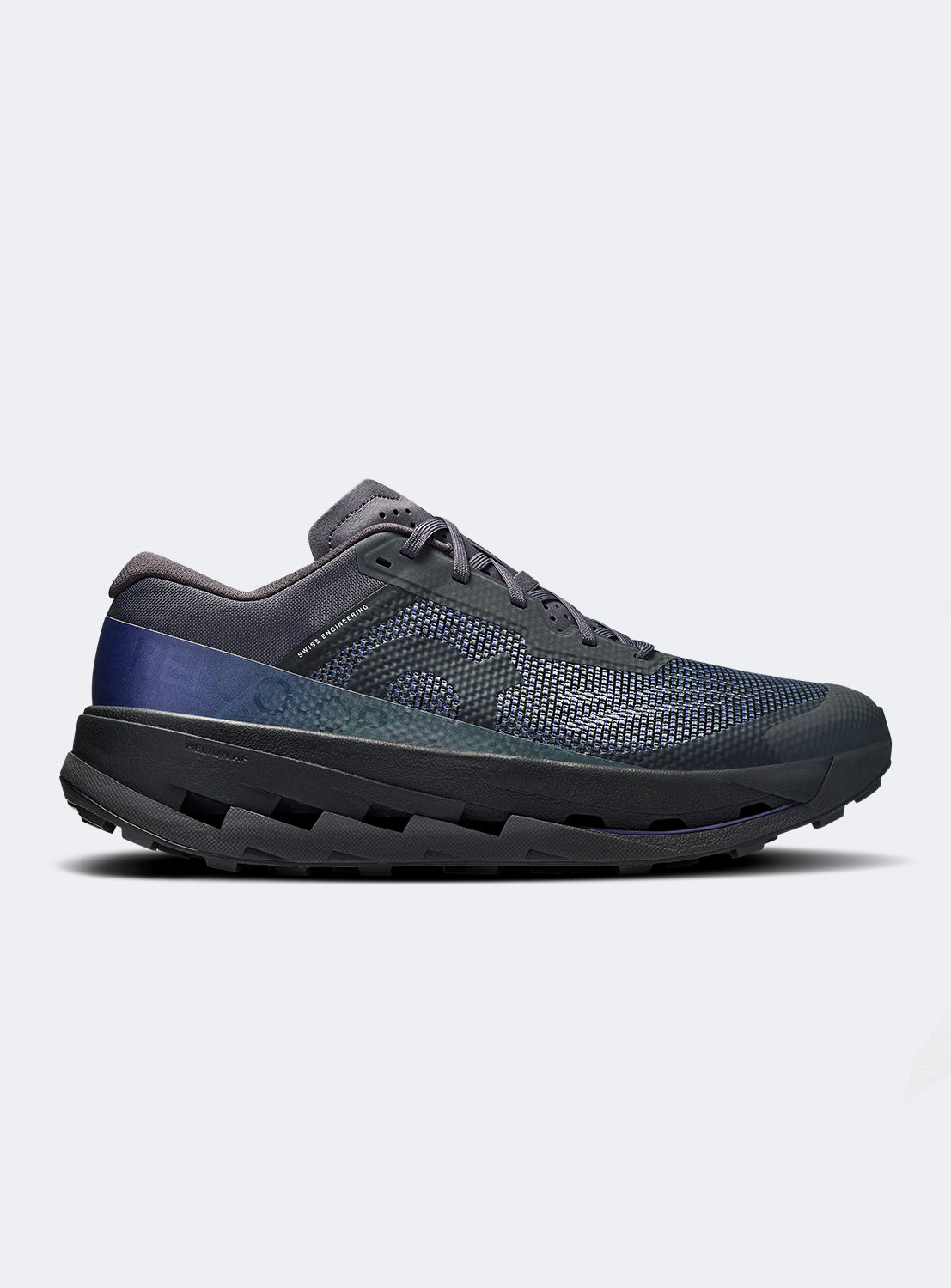 Side view of an iron black running shoes with blue and dark purple details. 