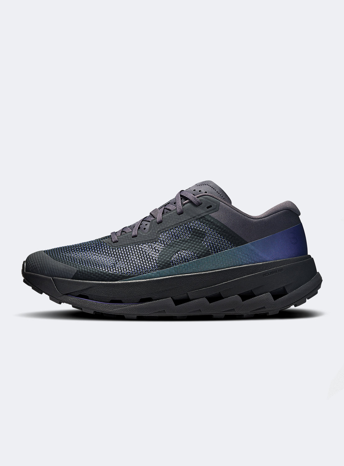 Side view of an iron black running shoes with blue and dark purple details. 