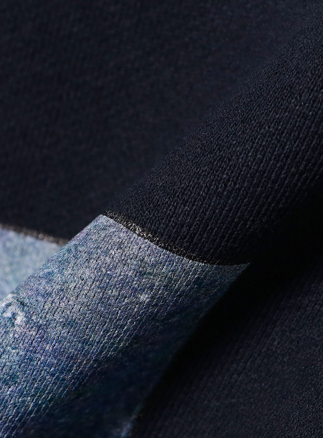 BEAMS T Emilio Chavez crewneck sweatshirt in blue and grey with textured graphic.