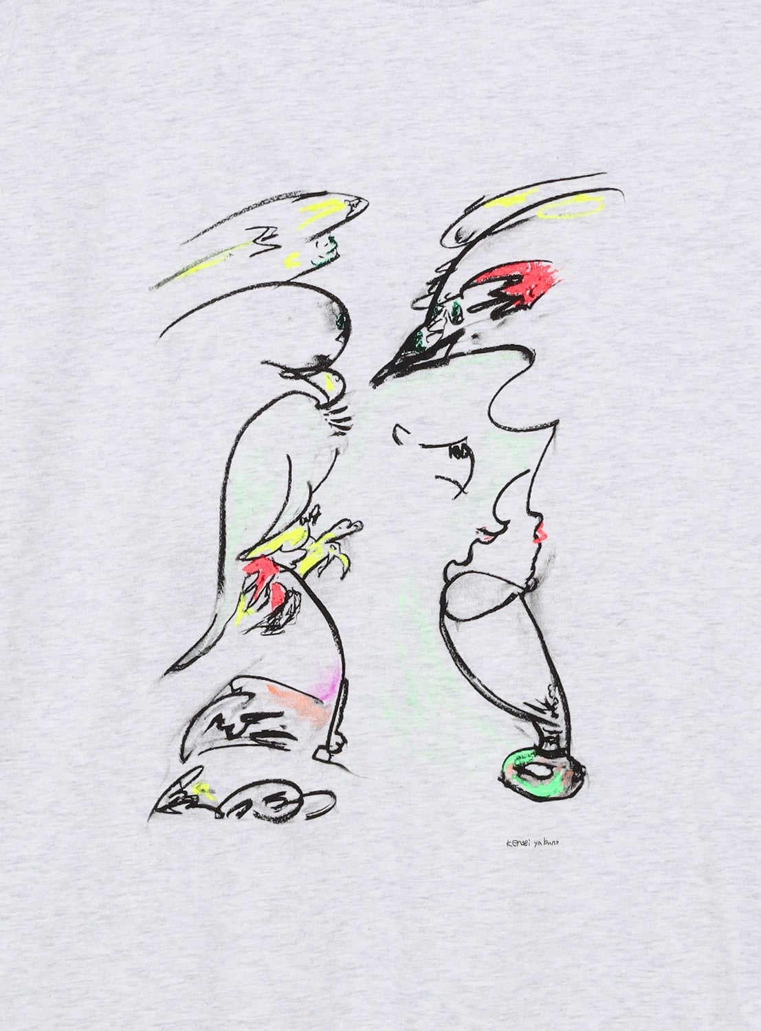 The BAL Kensei Yabuno T-shirt features original, art-driven designs with abstract line drawings of two birds accented by touches of yellow, pink, and green on a light gray background. Fluid and expressive lines combine with minimal color to create a truly unique look.