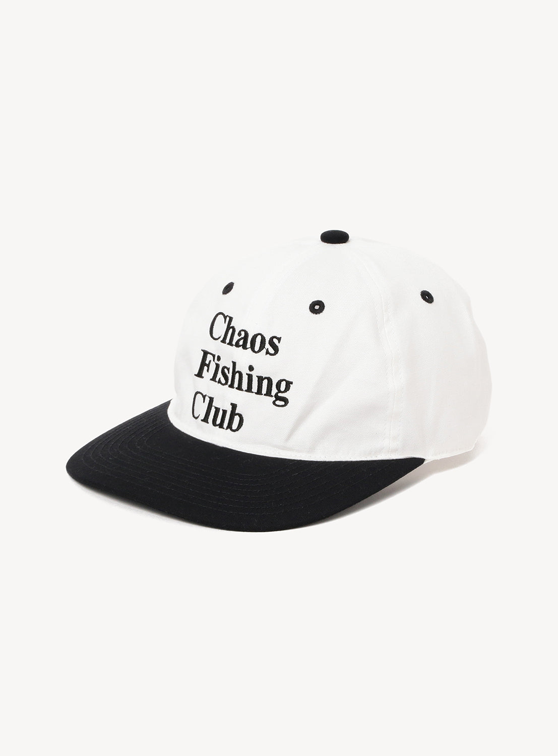 The Chaos Fishing Club Logo Cap by Chaos Fishing Club features a white design with a contrasting black brim and showcases the brand's signature logo in bold black text on the front, all set against a plain white background for a minimalist look.