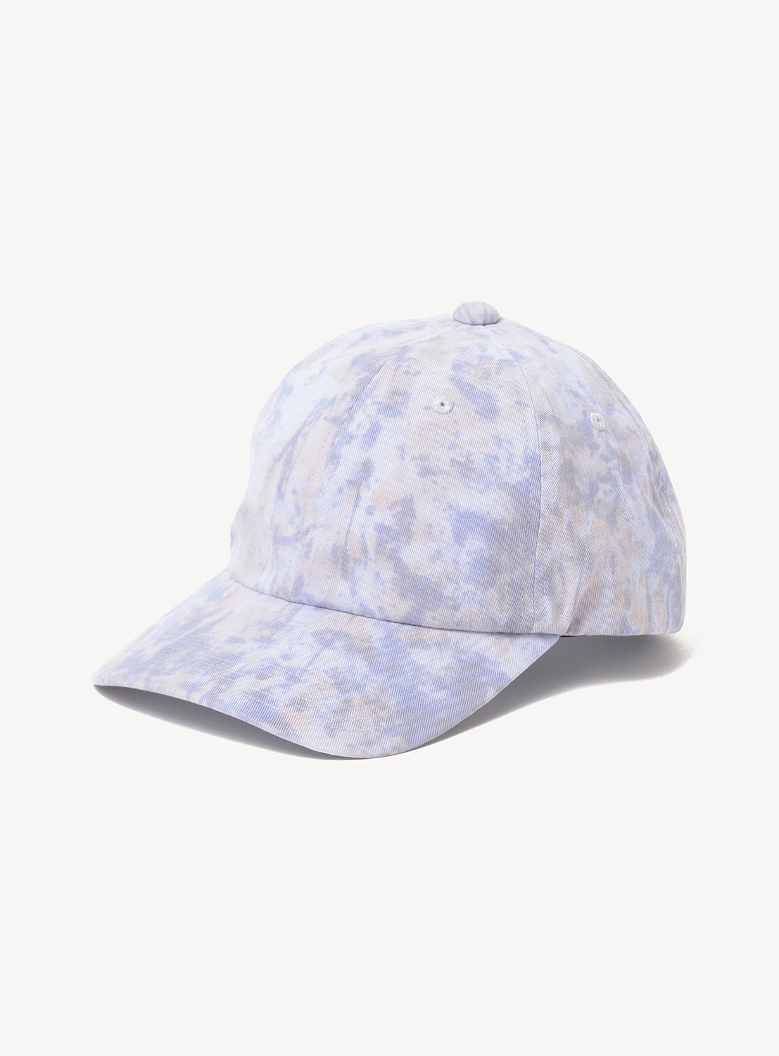 The BEAMS Tie-Dye 6-Panel Cap is showcased from an angle against a white background, highlighting its light purple and beige tie-dye design. Featuring a curved brim and an adjustable strap for a comfortable fit, this stylish cap's muted color palette adds a subtle charm to any look.