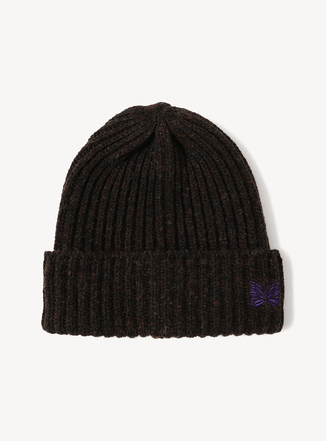 NEEDLES Shetland Wool Watch Cap in dark brown ribbed knit, featuring a small purple embroidered papillon on the cuff.