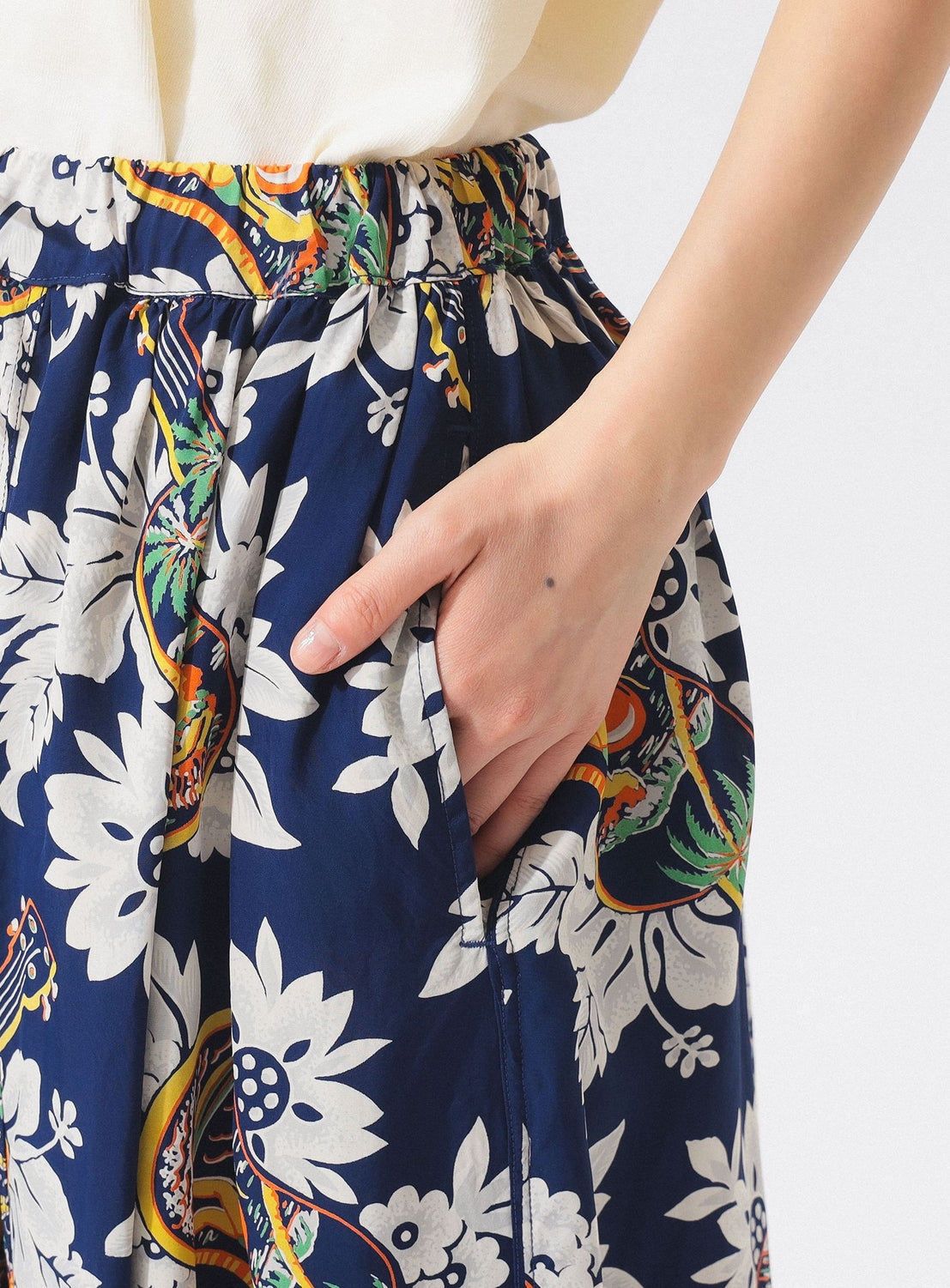 A person in a white top and blue [Exclusive] SUN SURF x BEAMS BOY Aloha Gathered Long Skirt by SUN SURF, right hand in the skirt pocket, highlighting vintage-style Hawaiian prints.