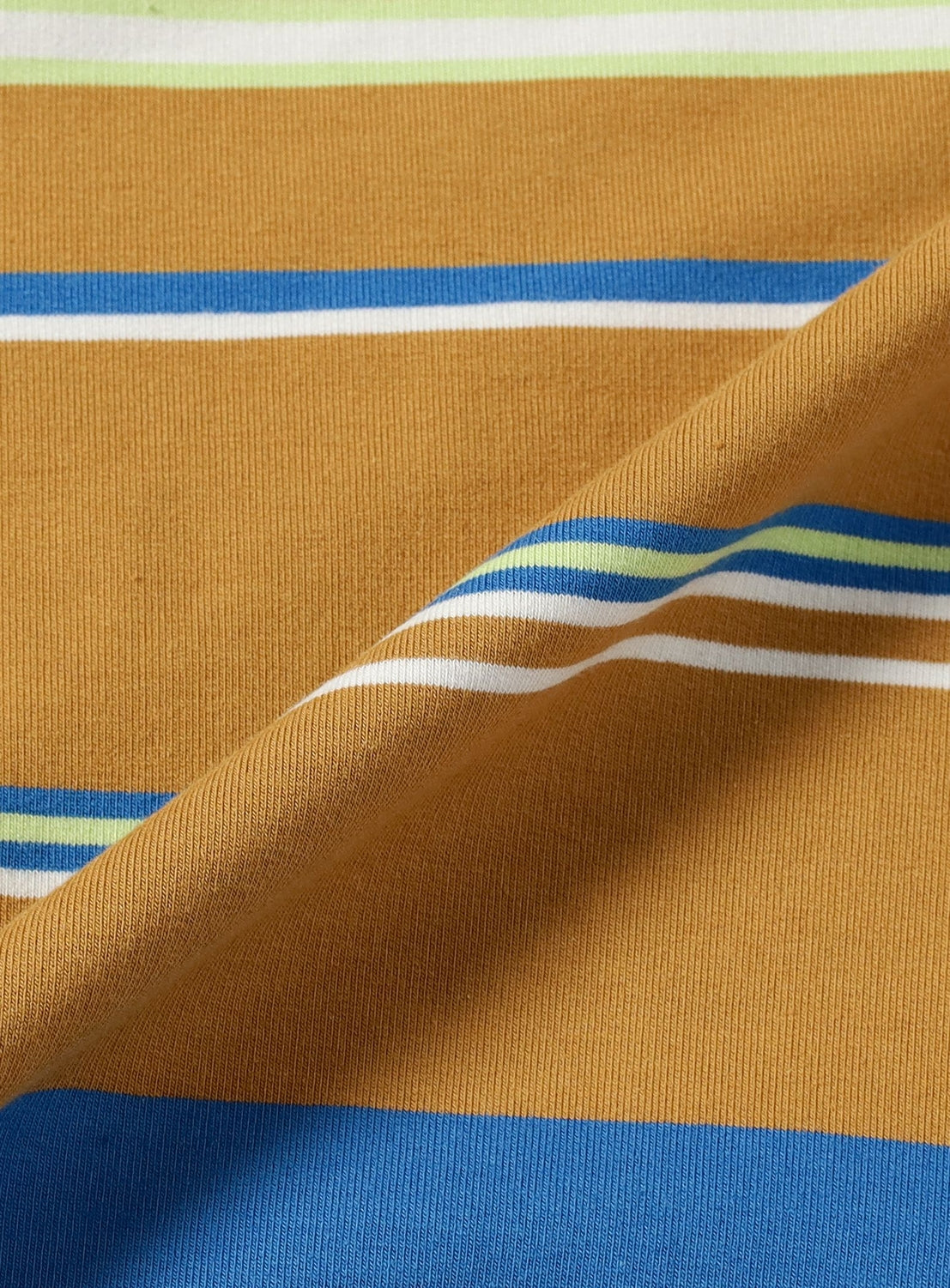 Close-up of the BEAMS Multi-Stripe Crew Neck Wide Fit Sweatshirt, showing mustard yellow, blue, white, and green street-inspired stripes. The mini French terry texture and detailed seam are clearly visible.
