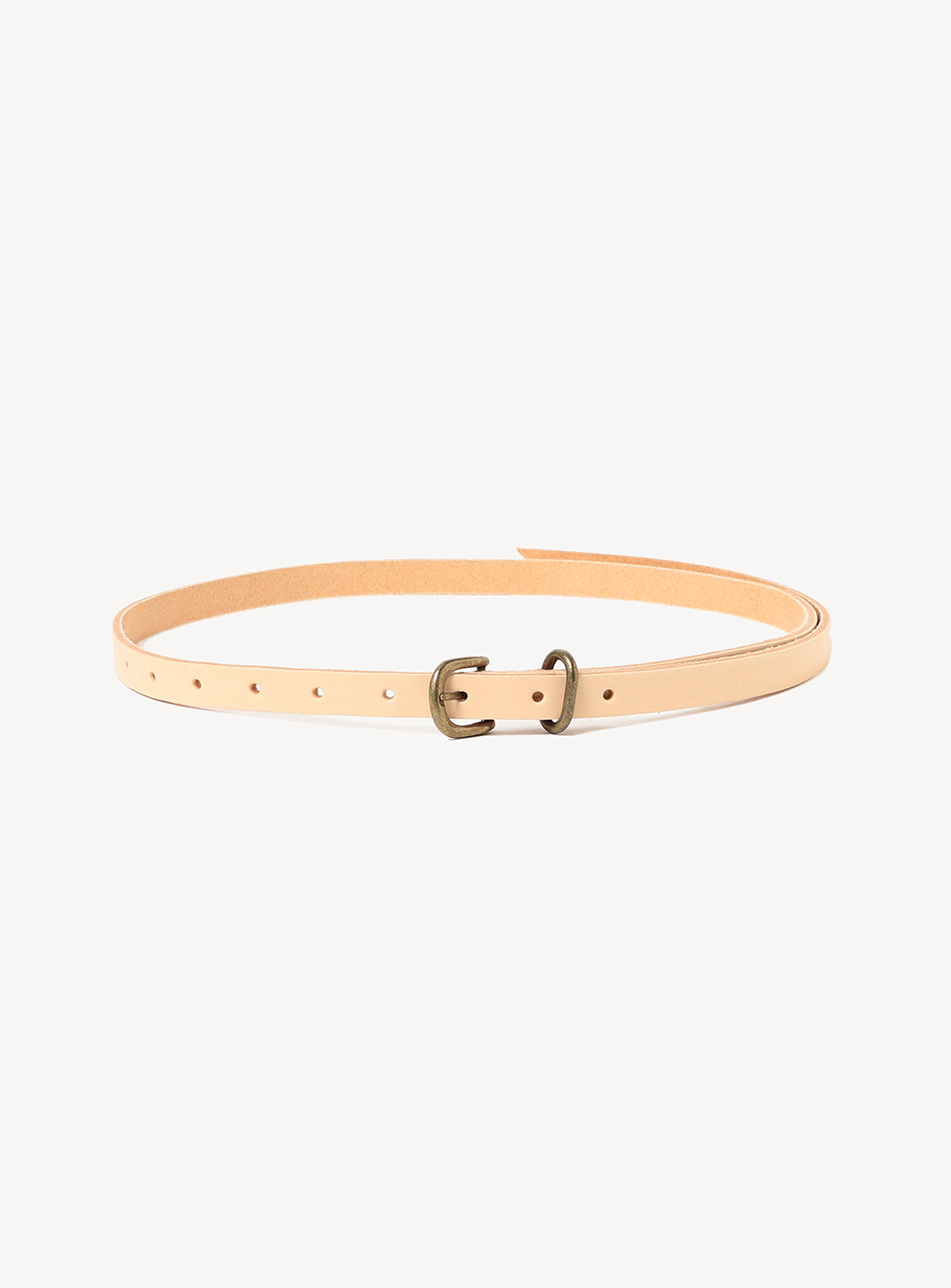 Hender Scheme Extended Belt in thin, light beige vegetable-tanned cow leather with a brass double-ring buckle.