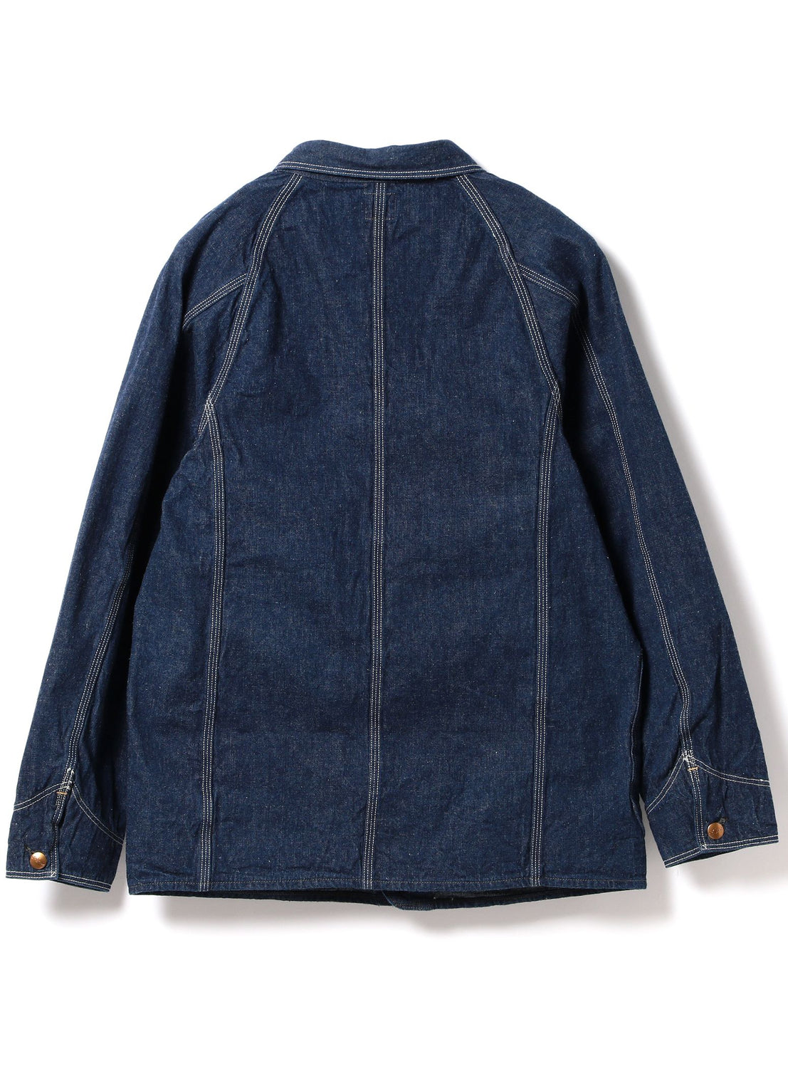 The orSlow 1950 Denim Coverall Jacket is displayed laid flat and viewed from the back. Made in Japan, this dark blue, lightweight denim jacket features white contrast stitching, long sleeves, and buttoned cuffs.