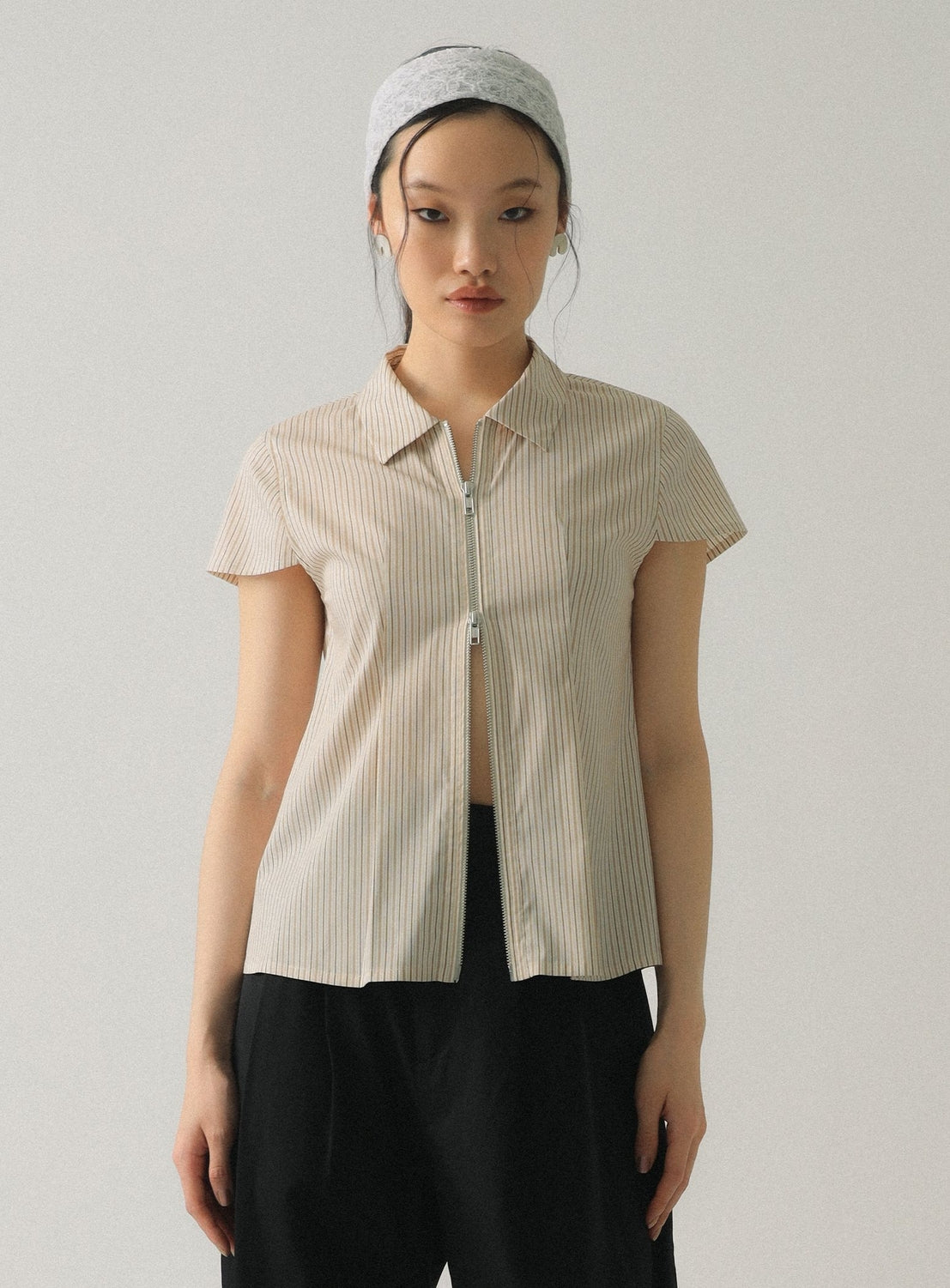 Striped Cap-Sleeve Double-Zip Shirt
