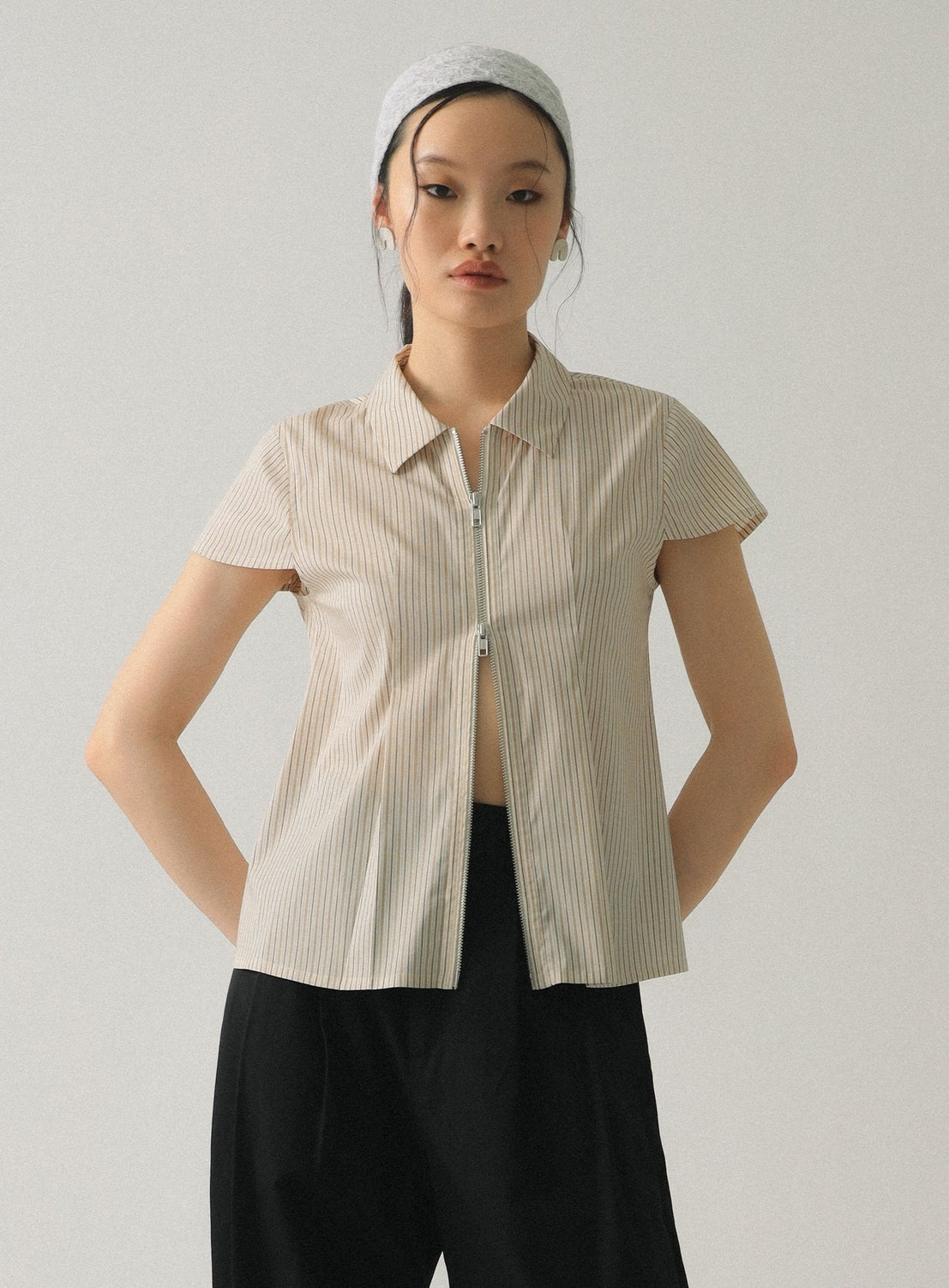 Striped Cap-Sleeve Double-Zip Shirt