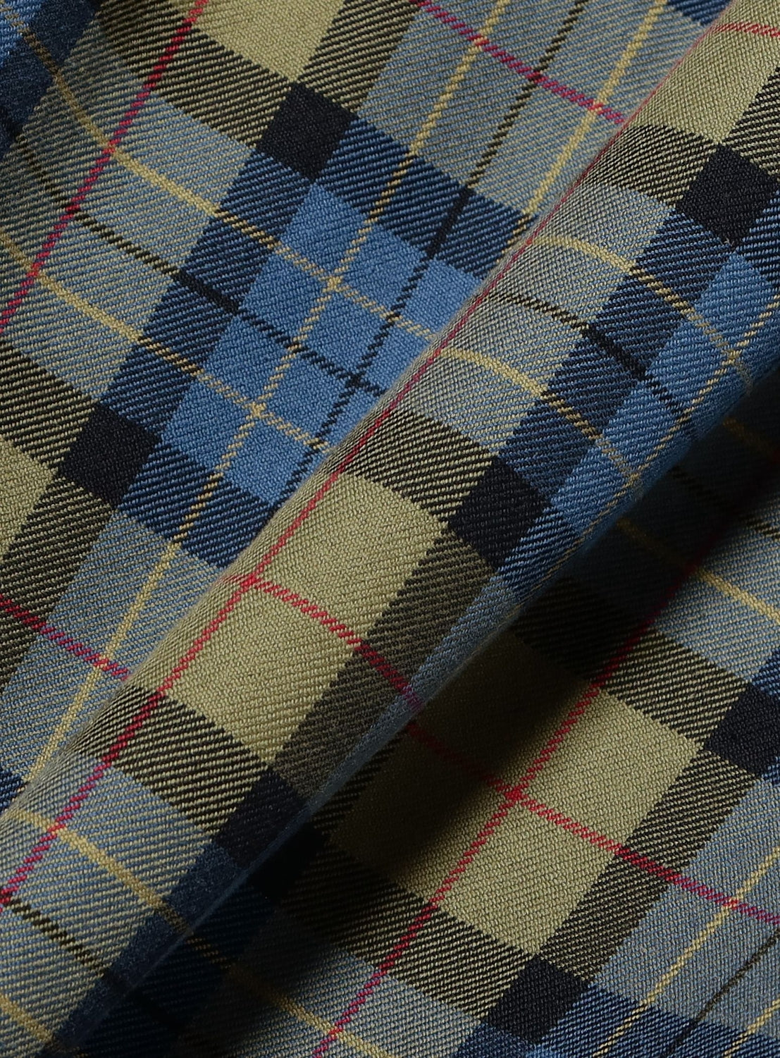 Close-up of a BEAMS Classic Check Work Shirt in a high-density, blue, olive green, and black plaid fabric with thin yellow and red overcheck lines.