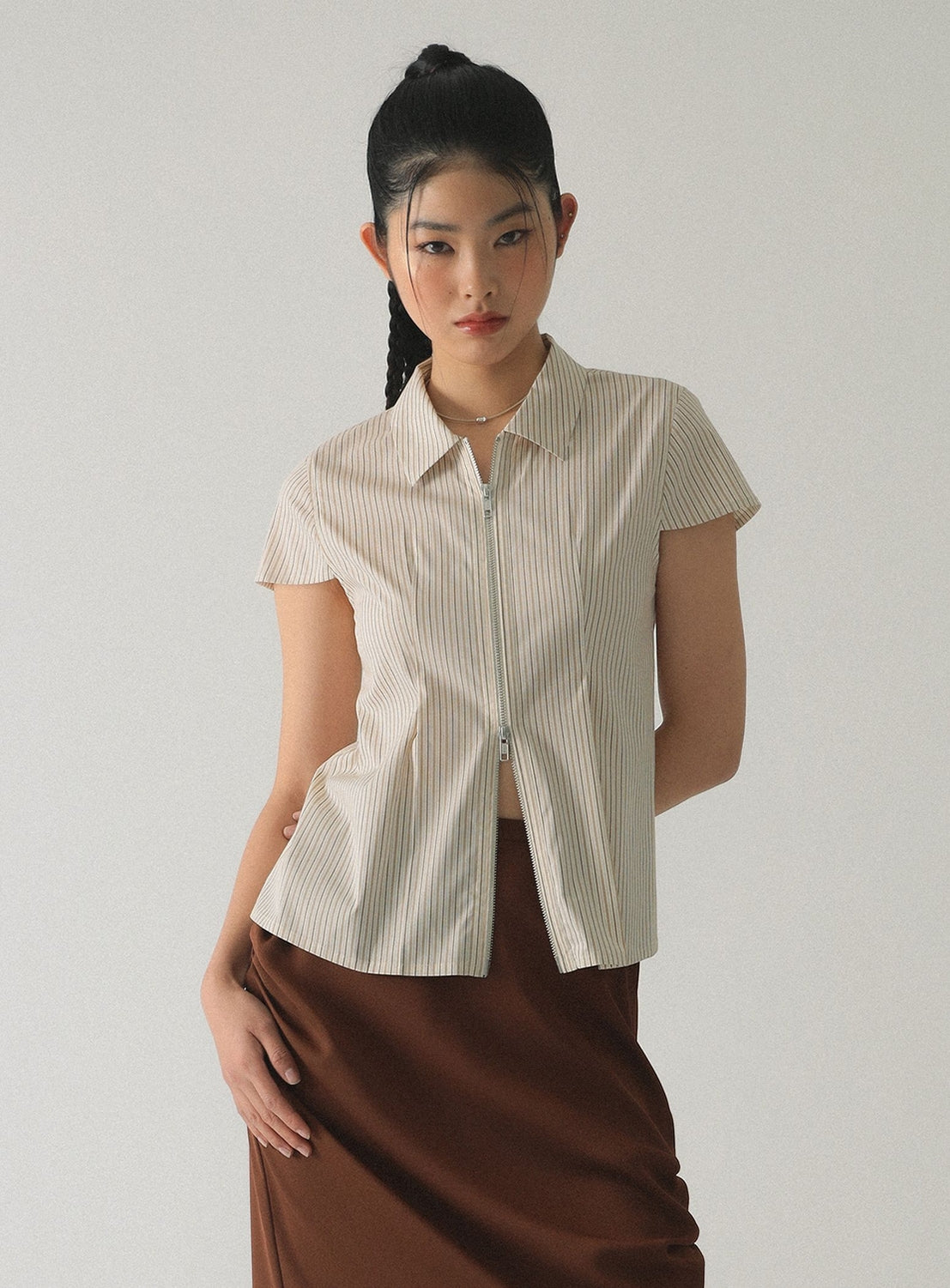 Striped Cap-Sleeve Double-Zip Shirt